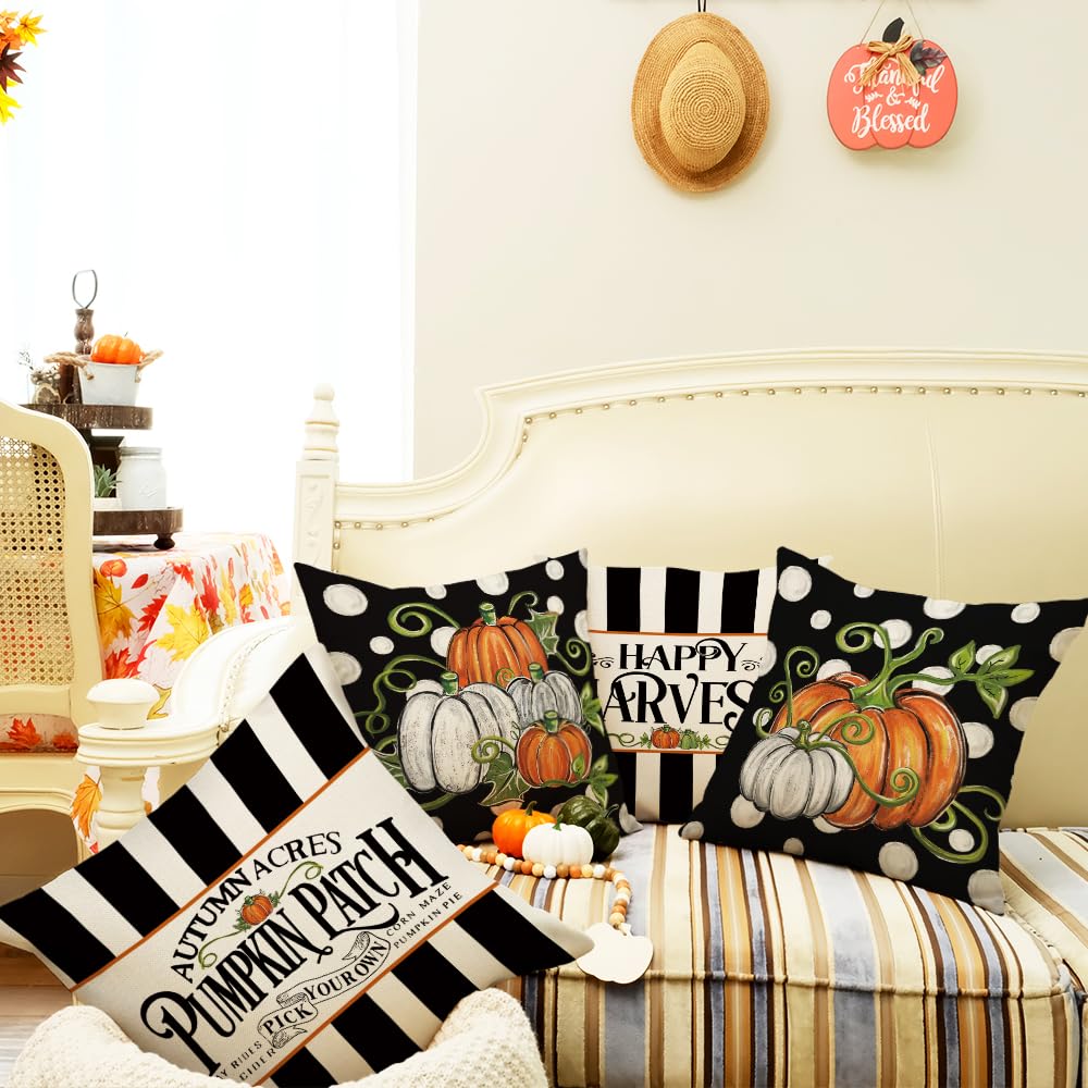 GEEORY Fall Happy Harvest Pumpkin Patch Throw Pillow Covers 18x18 Inch Set of 4, Black Polka Dots Seasonal Autumn Thanksgiving Holiday Decorative Farmhouse Cushion Cases for Home Decoration G664-18