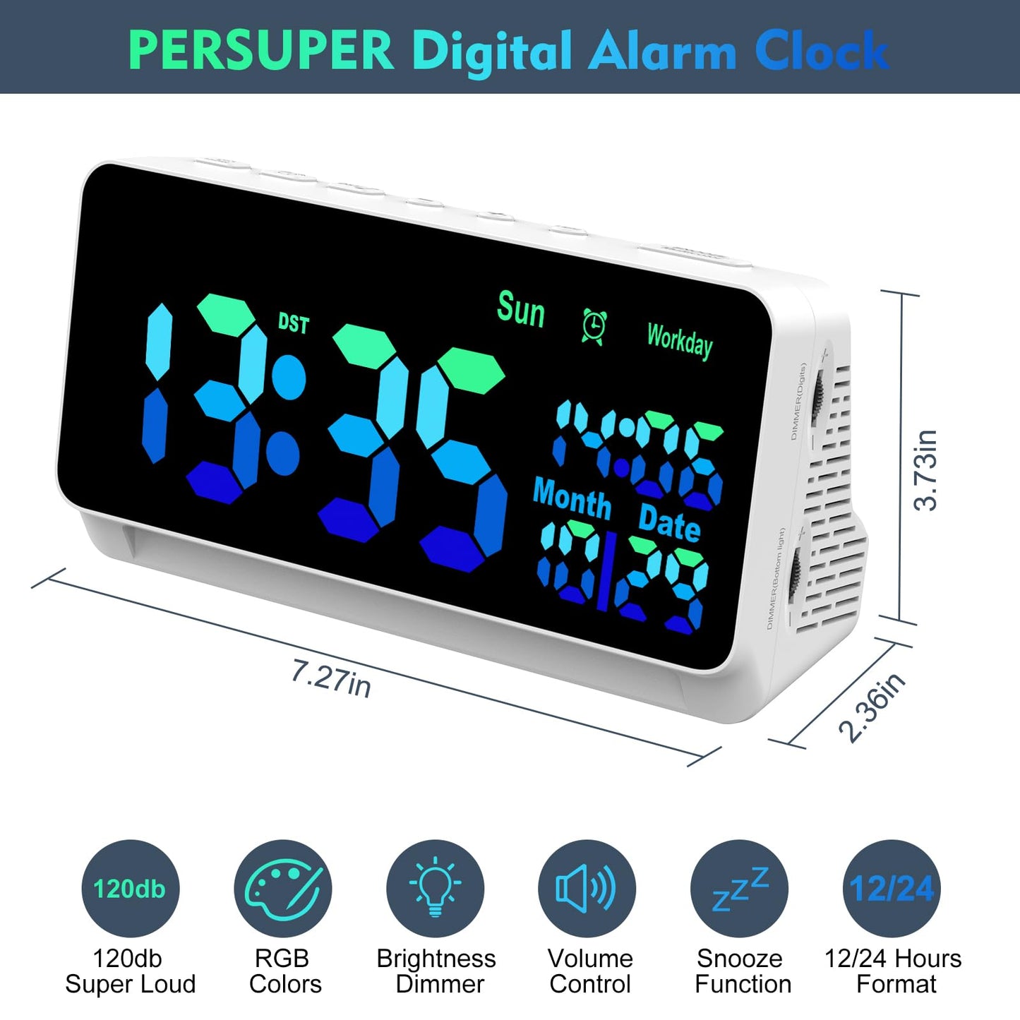 PERSUPER 120db Super Loud Alarm Clock for Heavy Sleepers, Bluetooth Connection, 15 Wake Up Sounds, 7 Color Night Light, Dynamic RGB Color Changing, 0-100% Dimmer, Snooze, Digital Clock for Bedroom