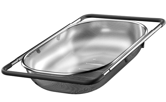 Over the Sink Colander - Strainers and Colanders - Sink Strainer Basket - Expandable Fine Mesh Strainer with Rubber Grip for Veggie, Fruits, Pasta, Home Kitchen Essentials (9.5W x 13.4-21.3L x 3.3H)
