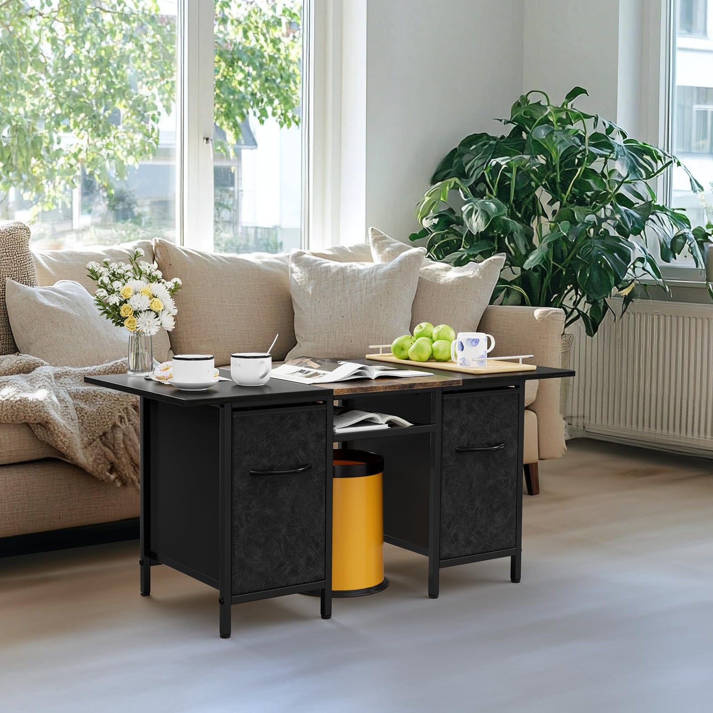 Small Coffee Tables for Living Room 35'' Rectangle Coffee Table with 2 Fabric Storage Drawers and Metal Shelf, Wood Center Table for Small Spaces, Home Office, Black & Rustic Brown