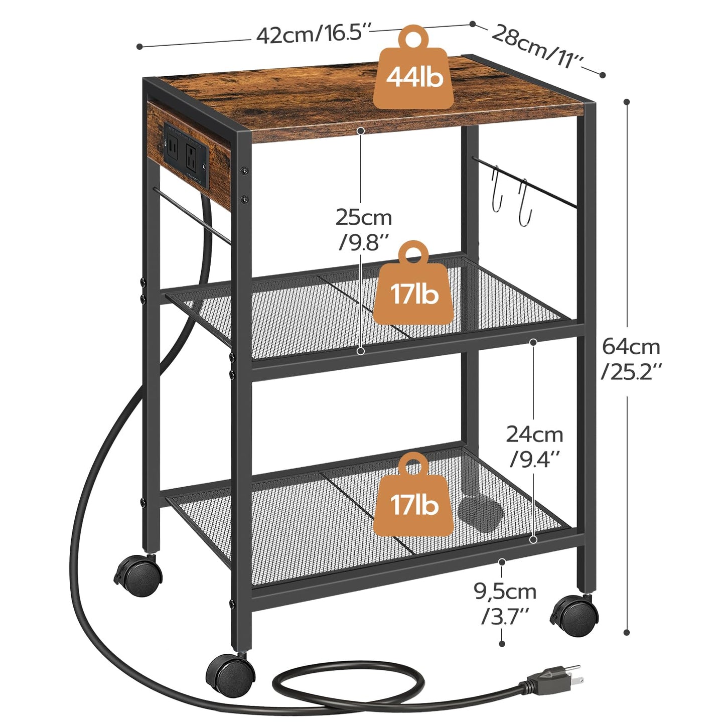 HOOBRO Industrial Printer Stand, 3-Tier Mobile Printer Table, Rolling Cart with Power Outlets and USB Ports, Home Printer Stand with 2 Hooks, for Office, Living Room, Rustic Brown BF22UPS01