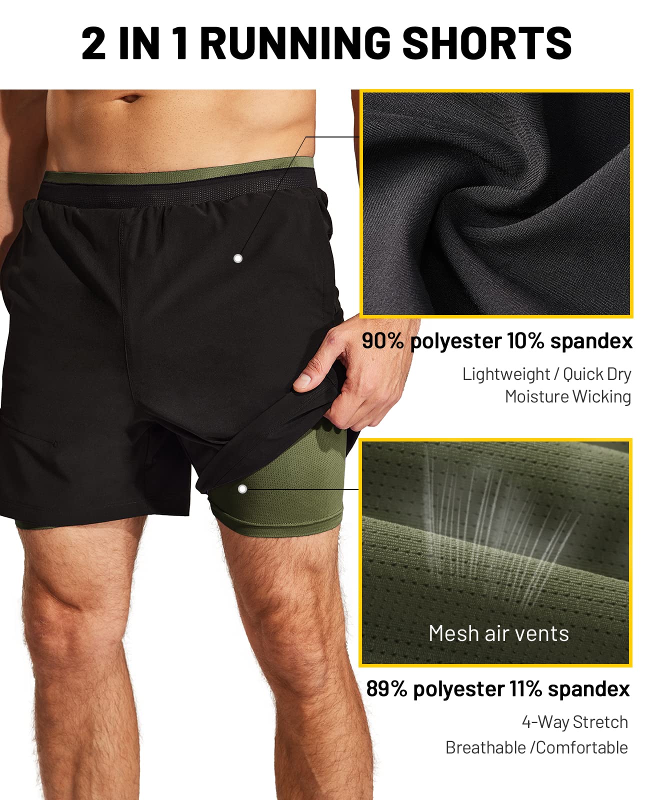 MIER 2 in 1 Athletic Running Shorts Men 5 Inch Inseam Workout Training Shorts with Liner Pockets, Black/Army Green, X-Small