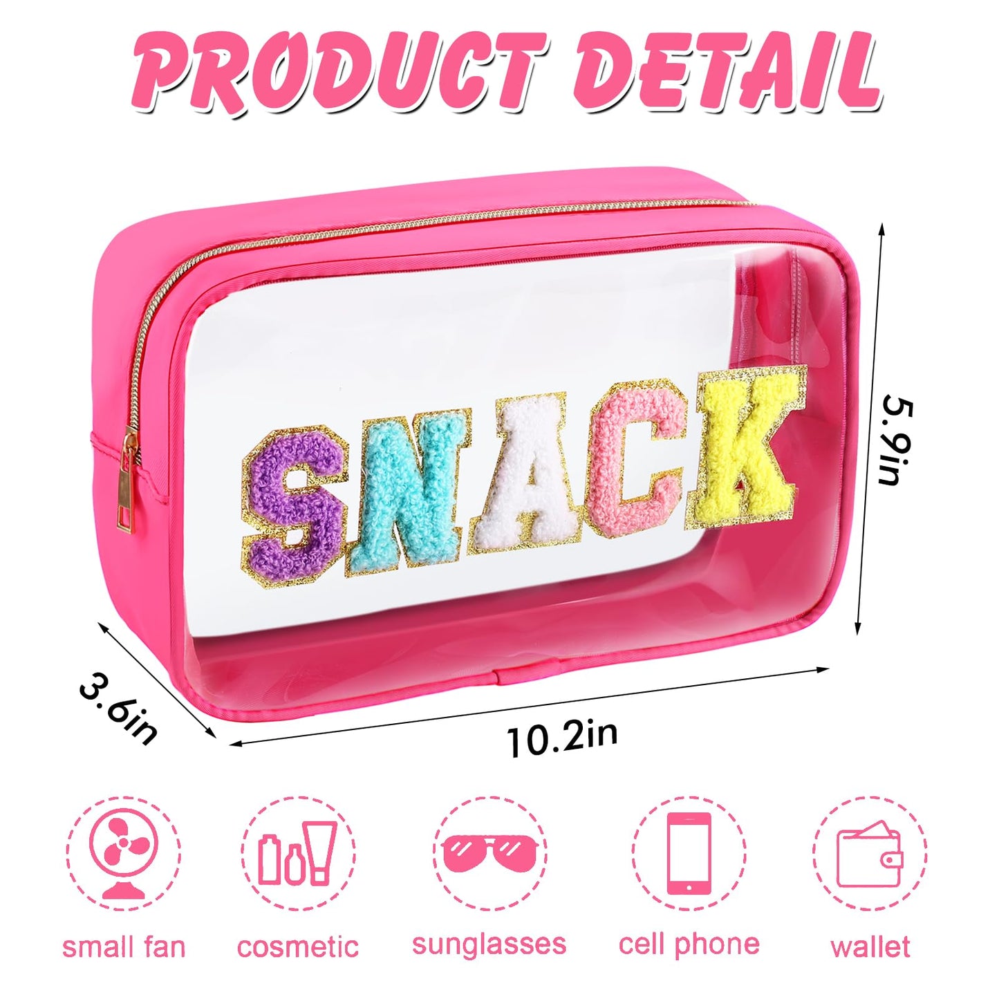 URSKYTOUS Chenille Letter Clear Makeup Bag Large Travel Preppy Patch Snack Cosmetic Bag with Zipper Cute Makeup Pouch Transparent PVC Waterproof Toiletry Organizer Storage for Women Girls (Hot Pink)
