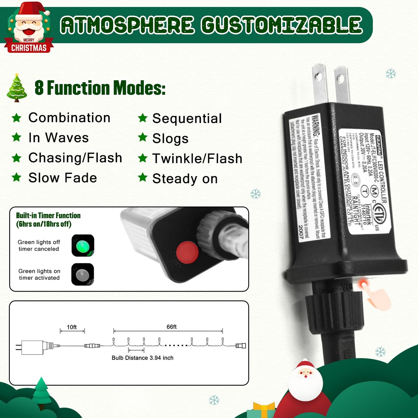 JMEXSUSS 66ft 200 LED Christmas Lights Outdoor, Warm White Christmas Lights Indoor Plug in, 8 Modes Twinkle String Light for Outside Tree Bedroom Wedding Party Ceiling Home Decorations