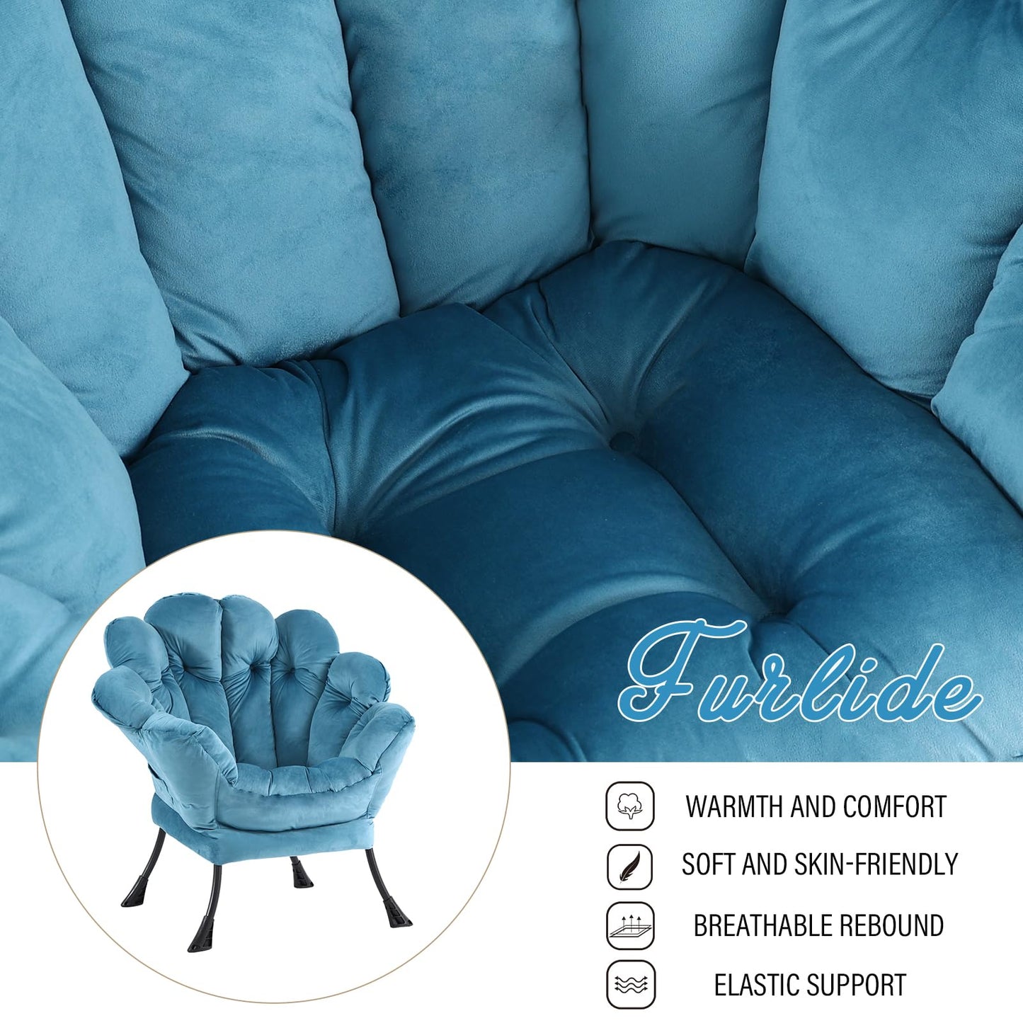 Furlide Lazy Chair with Ottoman, Modern Floral Reading Chair with Folding Footrest, Lounge Accent Chairs, Comfortable Oversized Armchairs for Bedroom, Living Room, Courtyard, Velvet Light Blue