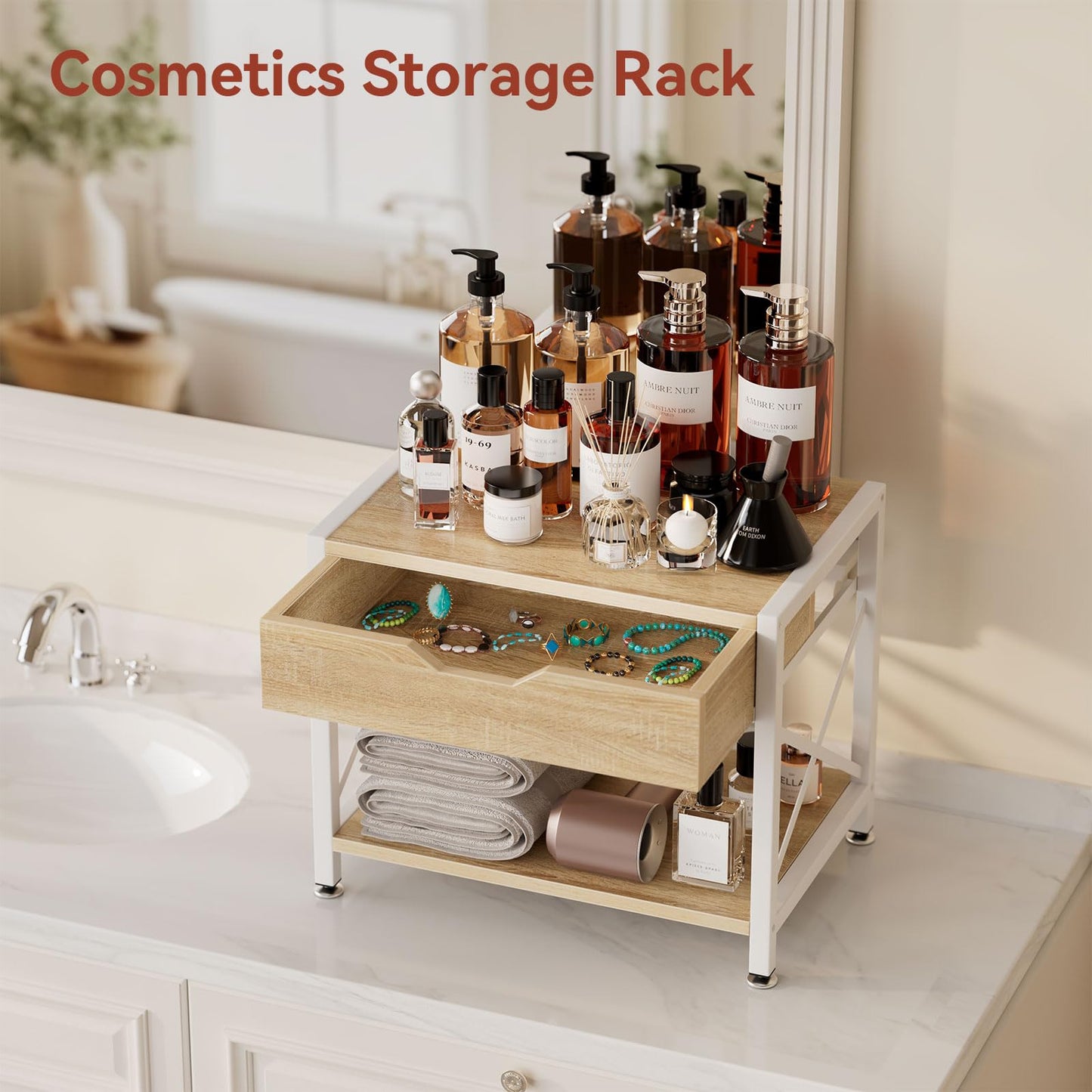 IBUYKE 2 Tier Desktop Printer Stand,Multi-Purpose Desk Organizer,Wooden Printer Stand with Drawer Storage for Folders,Books,for Fax Machine, Scanner,Home Office,Light Wood TLJ012R