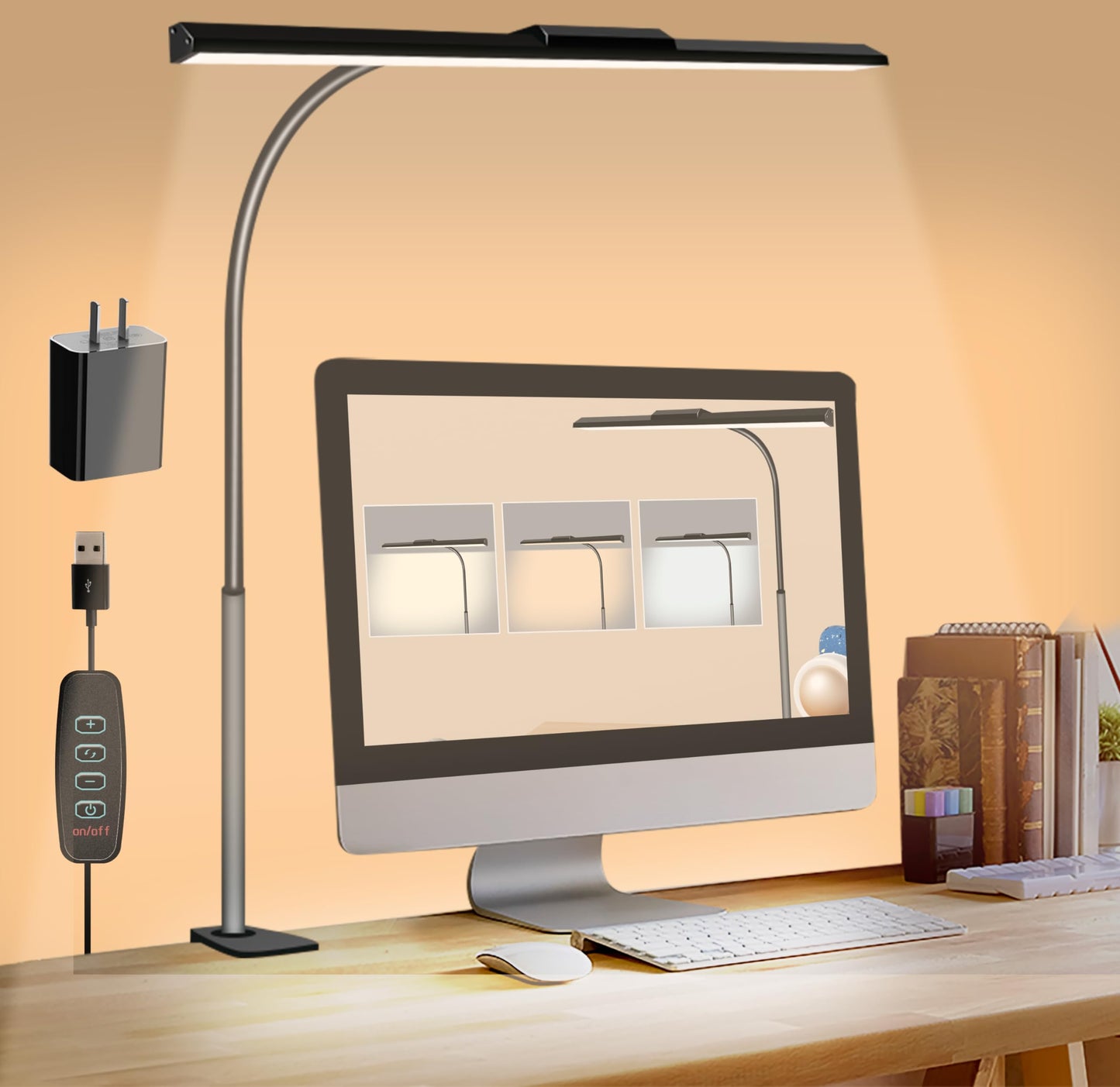 Clip On Desk Lamps for Office Home Desk Lights with Clamp with 3 Light Modes,10 Brightness 10W USB Adapter Adjustable LED Clamp Light for Computer Desktop Workbench Monitor Lamp