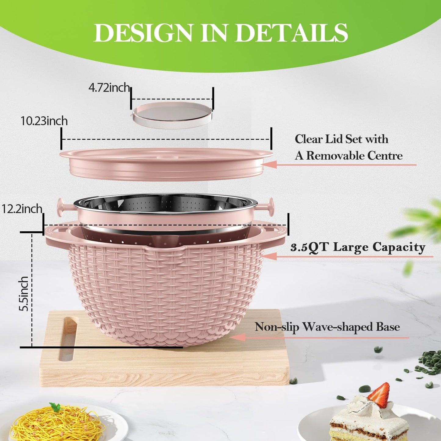 4-1 Strainer Bowl with Lid Set - Strainers and Colanders, Colander for Kitchen, Pasta Strainer, Fruit Cleaner, Veggie Wash, Funny Kitchen Present, Fruit Washing Bowl, Cooking Present for Women - Pink