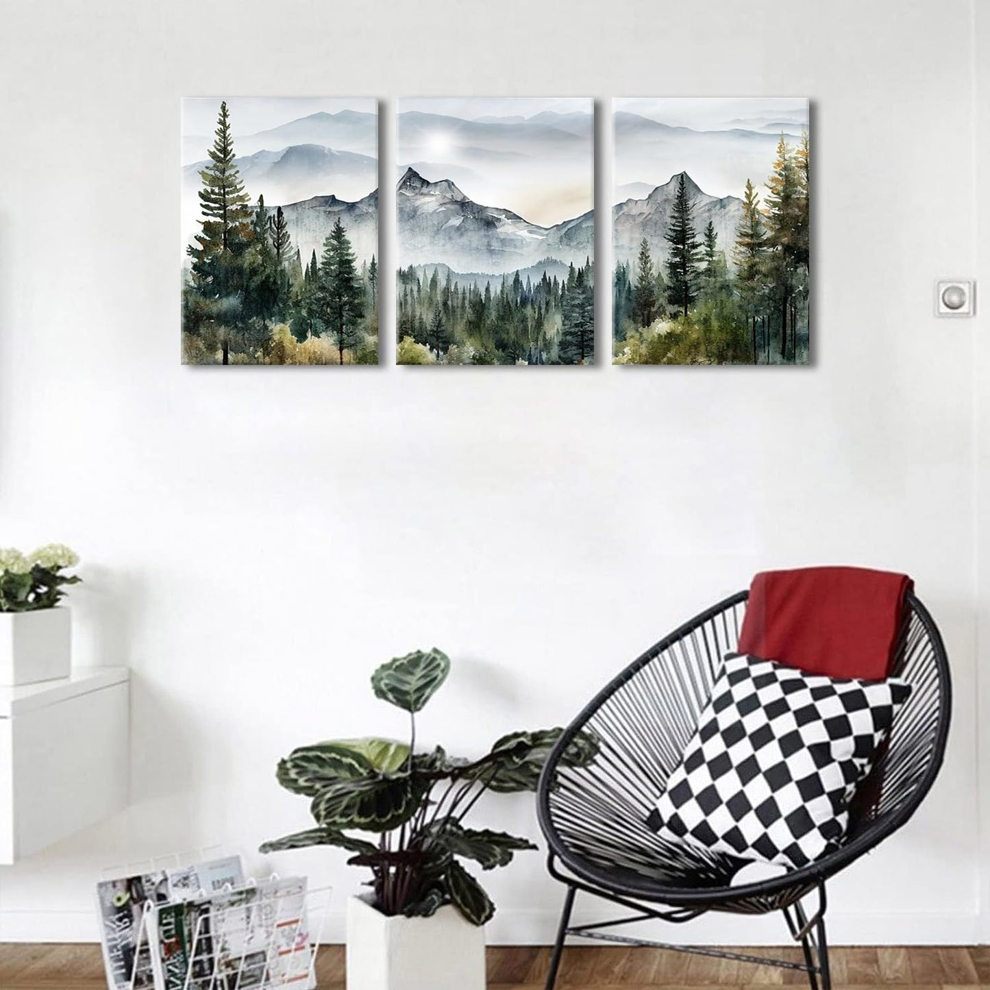 Dytila Framed Green Mountain Wall Art Set of 3, Misty Forest Pictures Wall Decor Neutral Nature Paintings Modern landscape Canvas Prints Sunrise Artwork for Living Room Office Hallway 12x16 in