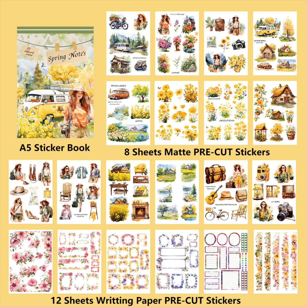 Dwpetzo Spring Notes Landscape Pre-Cut Sticker Book for Journaling, 20 Unique Sheets, Dual Materials Paper PET Stickers for Scrapbooking, Junk Journal Supplies, Planner, Collage, DIY Crafts Art