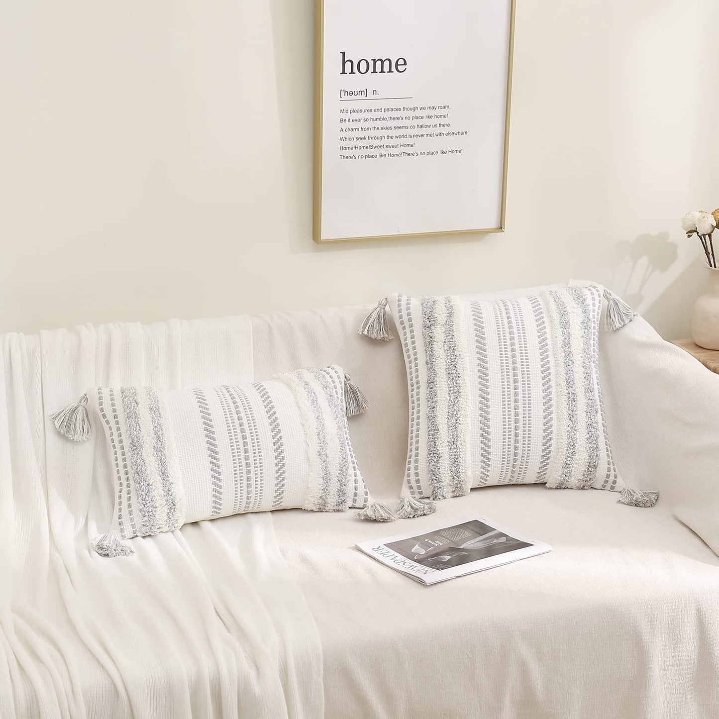 decorUhome Decorative Boho Throw Pillow Cover 12x20, Lumbar Accent Neutral Textured Tufted Pillow Cover Striped for Couch Bed Sofa, Grey and Cream White, Pack of 1