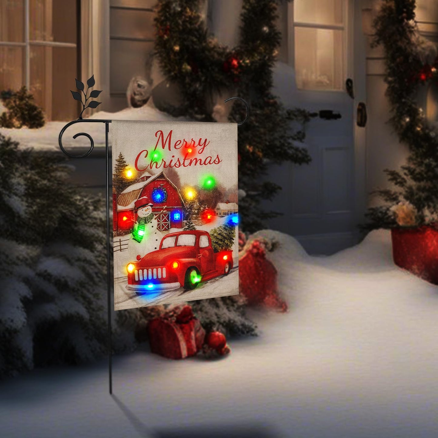 Christmas Lights Garden Flag,Double Sided Christmas LED Outdoor Christmas Yard Flag for Winter Christmas Outdoor Decoration (Multi_car, 12 * 18)