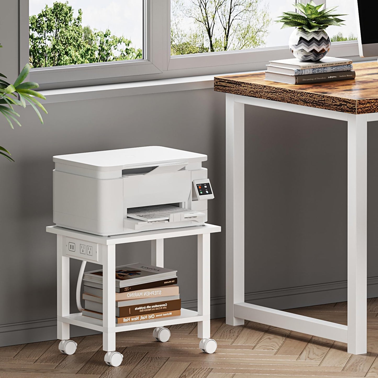 TUTOTAK 2 Tier Printer Stand, Rolling Printer Cart with Power Outlets and USB Ports, Mobile Printer Table with Wheels, for Under Desk, Office, Home, White PS01BW001
