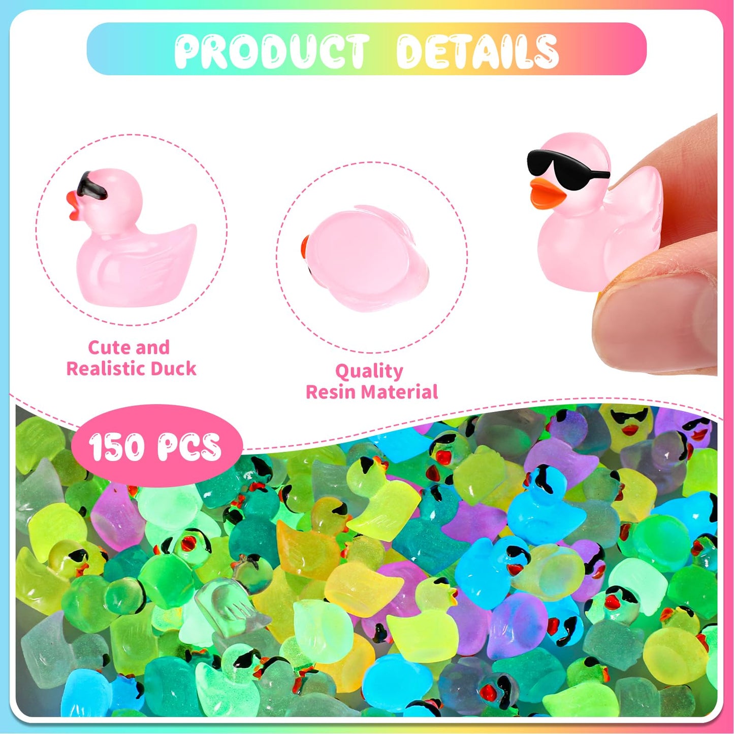 Liliful 150 Pcs Luminous Mini Resin Ducks Bulk Glow in The Dark Tiny Ducks with Sunglasses Miniature Figures Fairies Mini Garden Landscape Aquarium Dollhouse Ornament for DIY Crafts Decor(150 Pcs)