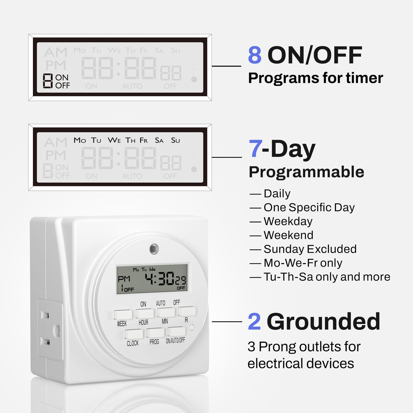 BN-LINK 7 Day Heavy Duty Digital Programmable Timer, 120V, 60Hz, Dual Outlet, Indoor, for Lamp Light Fan Security ETL Listed