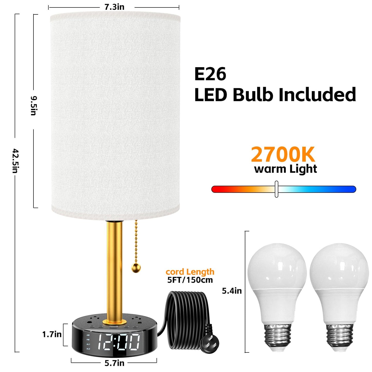 Bedside Desk Lamp for Bedroom, Table Lamp with USB A & USB C Fast Charging Ports & 2 AC Power Outlets, Alarm Clock Base, Round Black Fabric Lampshade Modern Nightstand Lamp for Living Room Home Office