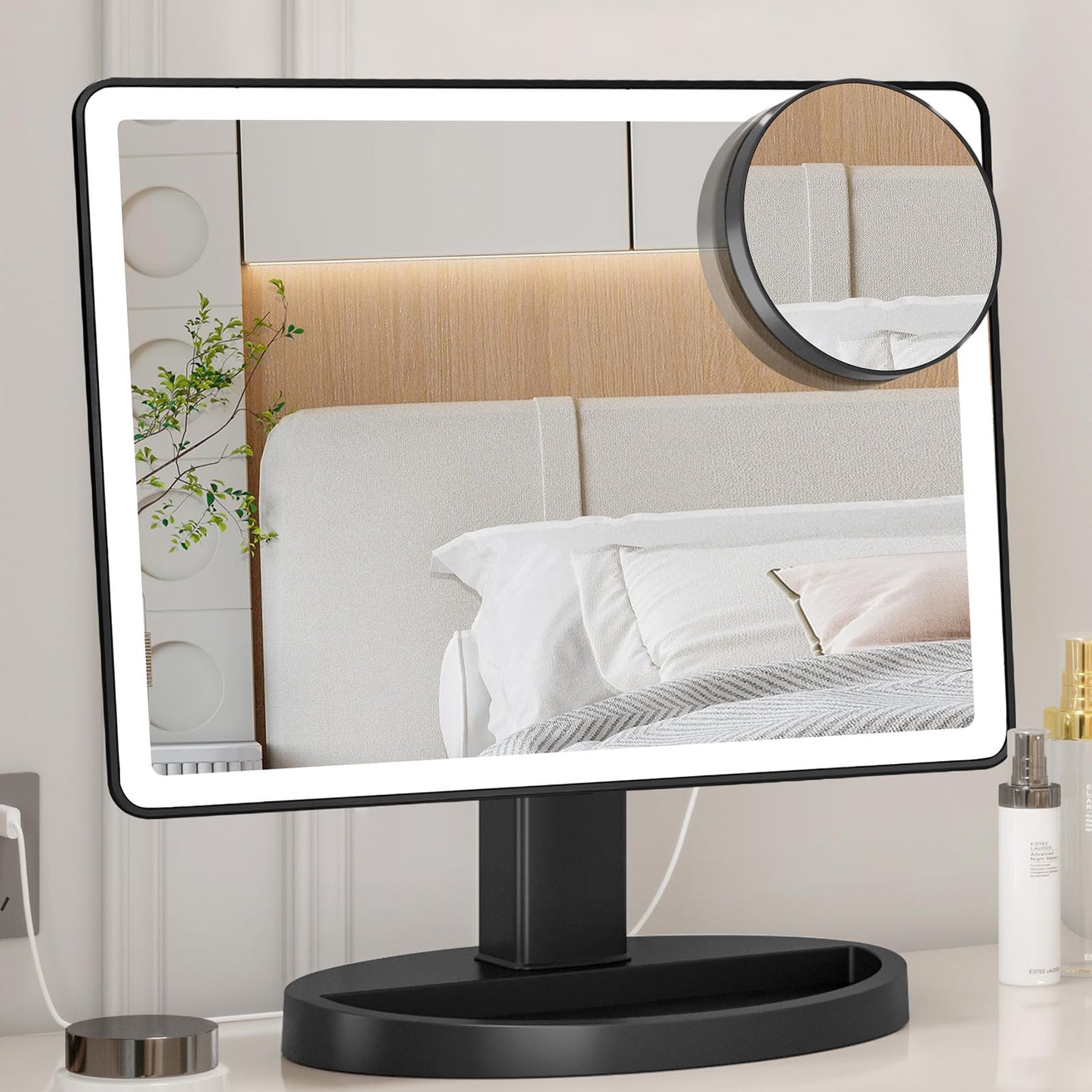 FUNTOUCH Large Lighted Makeup Mirror with Lights, 3 Color Lighting Modes Light Up Mirror with 88 LED, 10X Magnification and 360° Rotation Touch Screen Tabletop Cosmetic Vanity Make Up Mirror (Black)