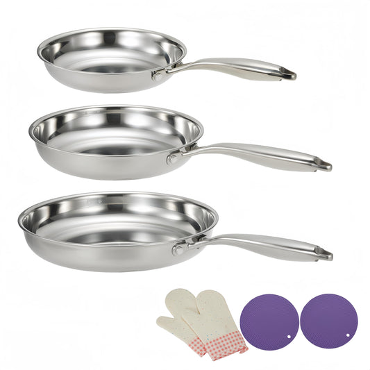 SanheKit 3pcs Stainless Steel frying pan set of 3, Tri-Ply Professional stainless steel, pans set, 8-10-12 Inch, Mirror Polished, Induction,Chef's Pans,Skillets,Dishwasher and Oven Safe.
