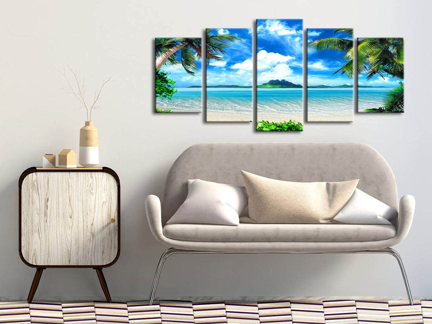 Pyradecor Modern 5 Panels Blue Sea Beach Pictures Paintings on Canvas Wall Art Stretched Contemporary Landscape Ocean Canvas Prints Artwork for Bedroom Home Decorations