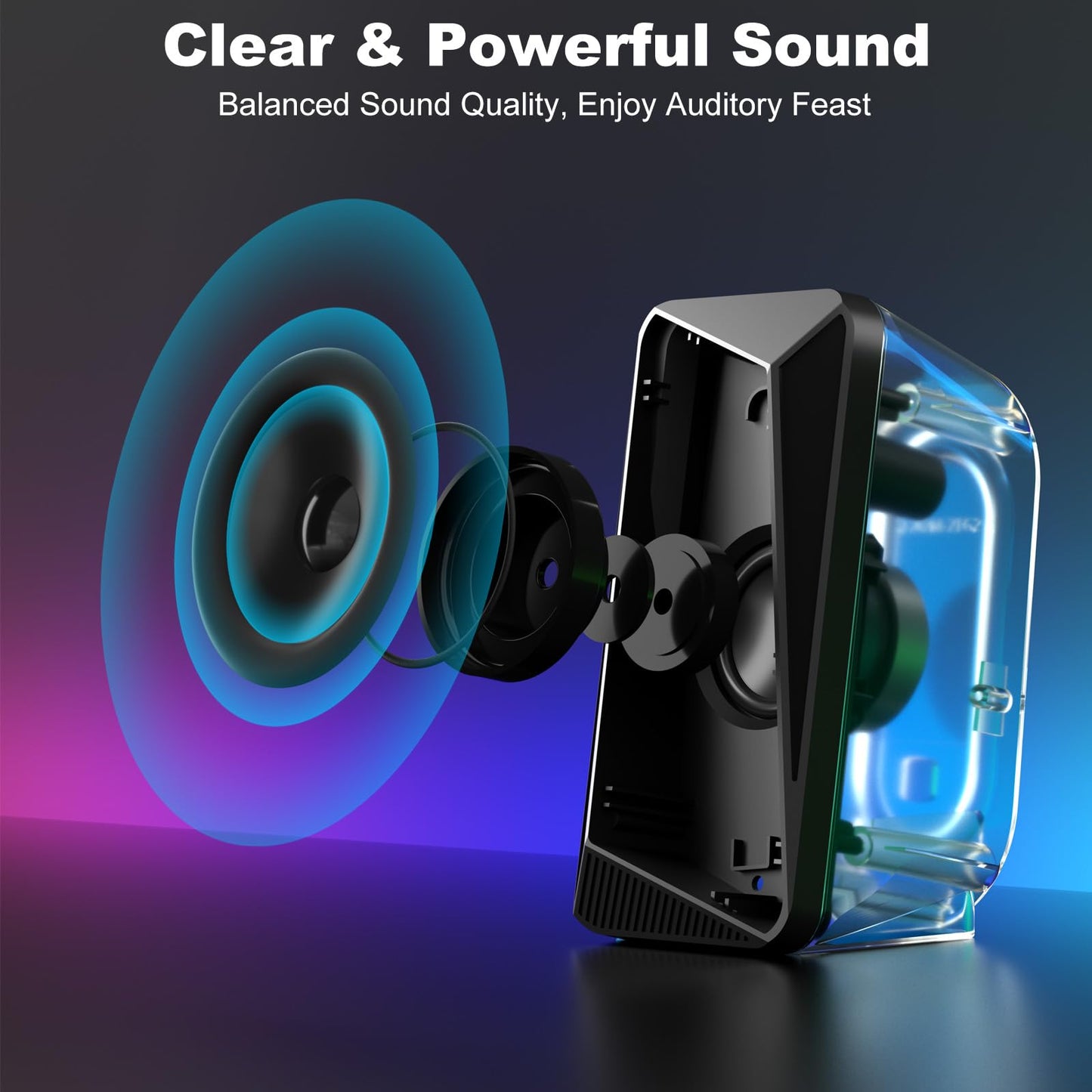 SOULION C30 Bluetooth Computer Speakers, 2.0 PC Speakers for Desktop Monitor, Wired USB Powered & Pulsing & LED Flame Lights, 3.5 mm AUX Speakers for Laptop Gaming with Wired Handy Control