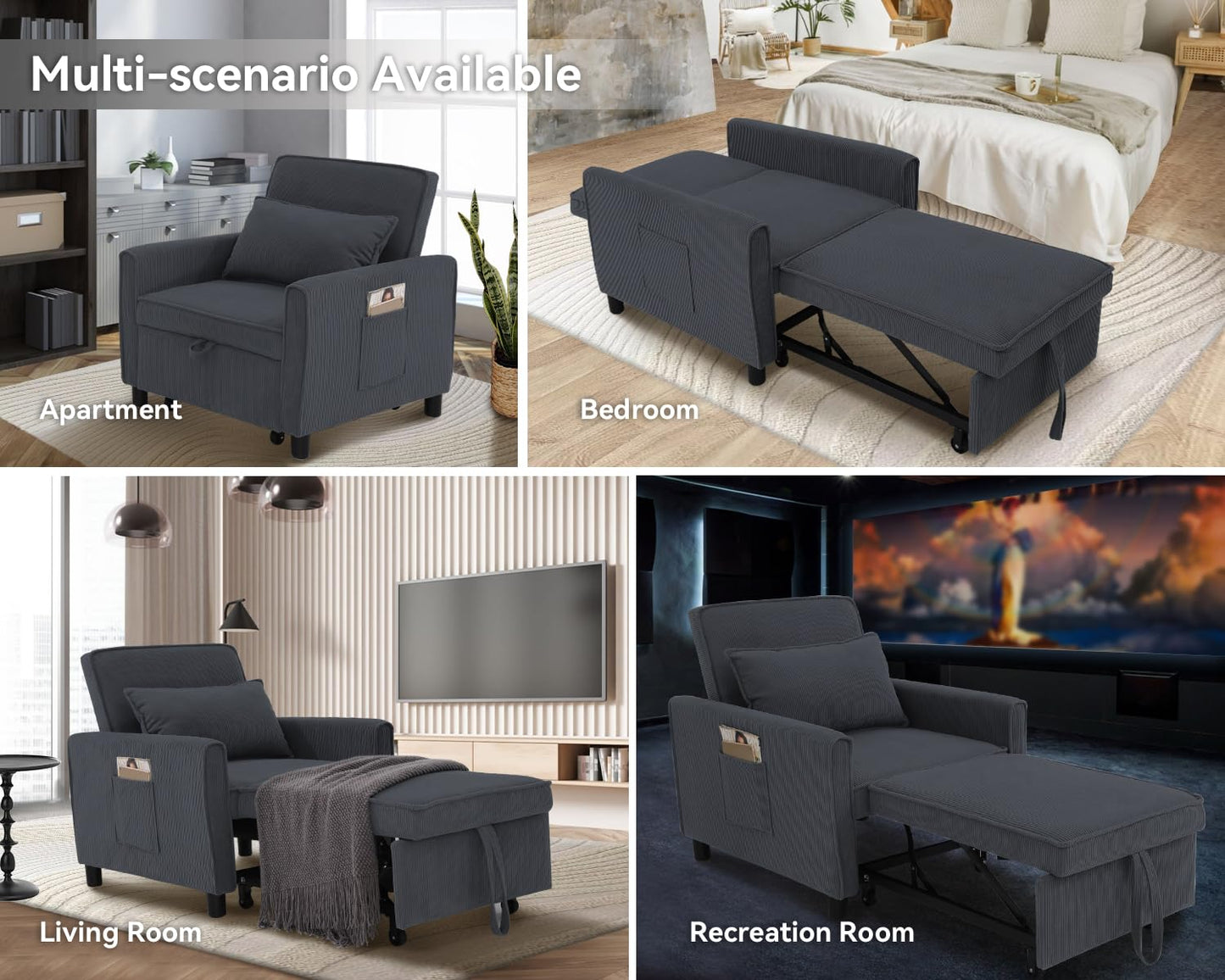 SEJOV Sleeper Chair, 3 in 1 Convertible Sofa Chair with Pull Out Futon Bed for Adults, Modern Corduroy Single Recliner for Small Spaces w/Adjustable Backrest, 2 Side Pockets & Pillow, Dark Gray