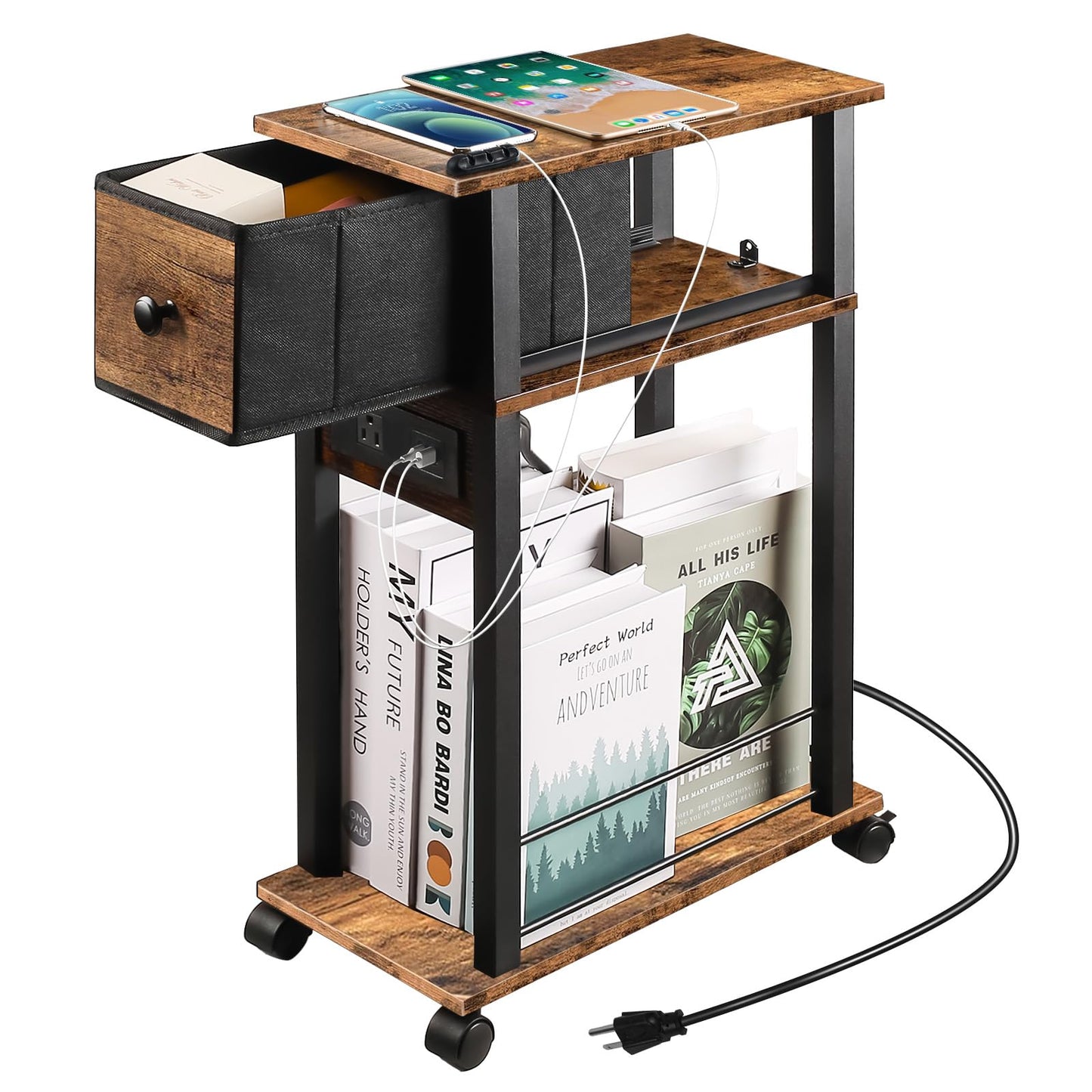 DGSANDGO Side Table with Charging Station and Drawer, Narrow End Table with USB Ports and Outlets for Small Space, Living Room, Bedroom and Office, with 4 Wheels (1, Rustic Brown + Black)