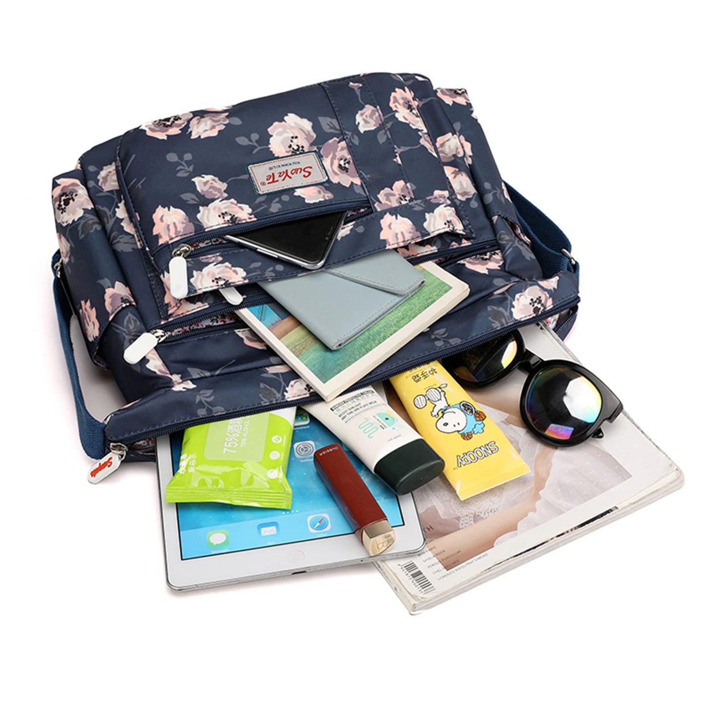 Wafybsre Cross-body Bag Women's Multi Pocket Nylon Messenger Bag Shoulder Bag Lightweight Travel Handbag (Monthly rose)