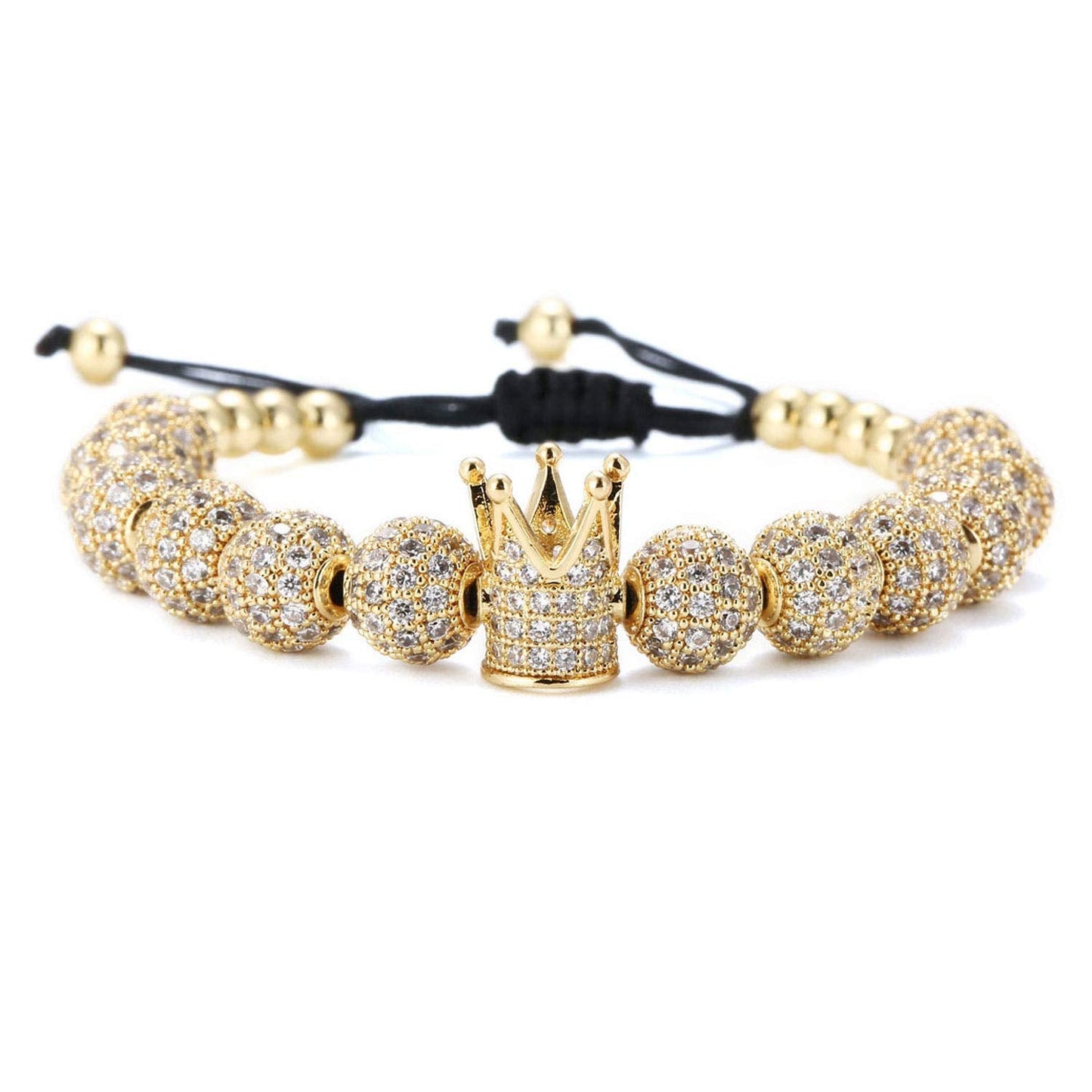 GVUSMIL Luxury CZ Imperial Gold Crown Bracelets Set King Royal Style with 8mm Zirconia Beads Braided Pulseira Bangle Charm Jewelry for Men