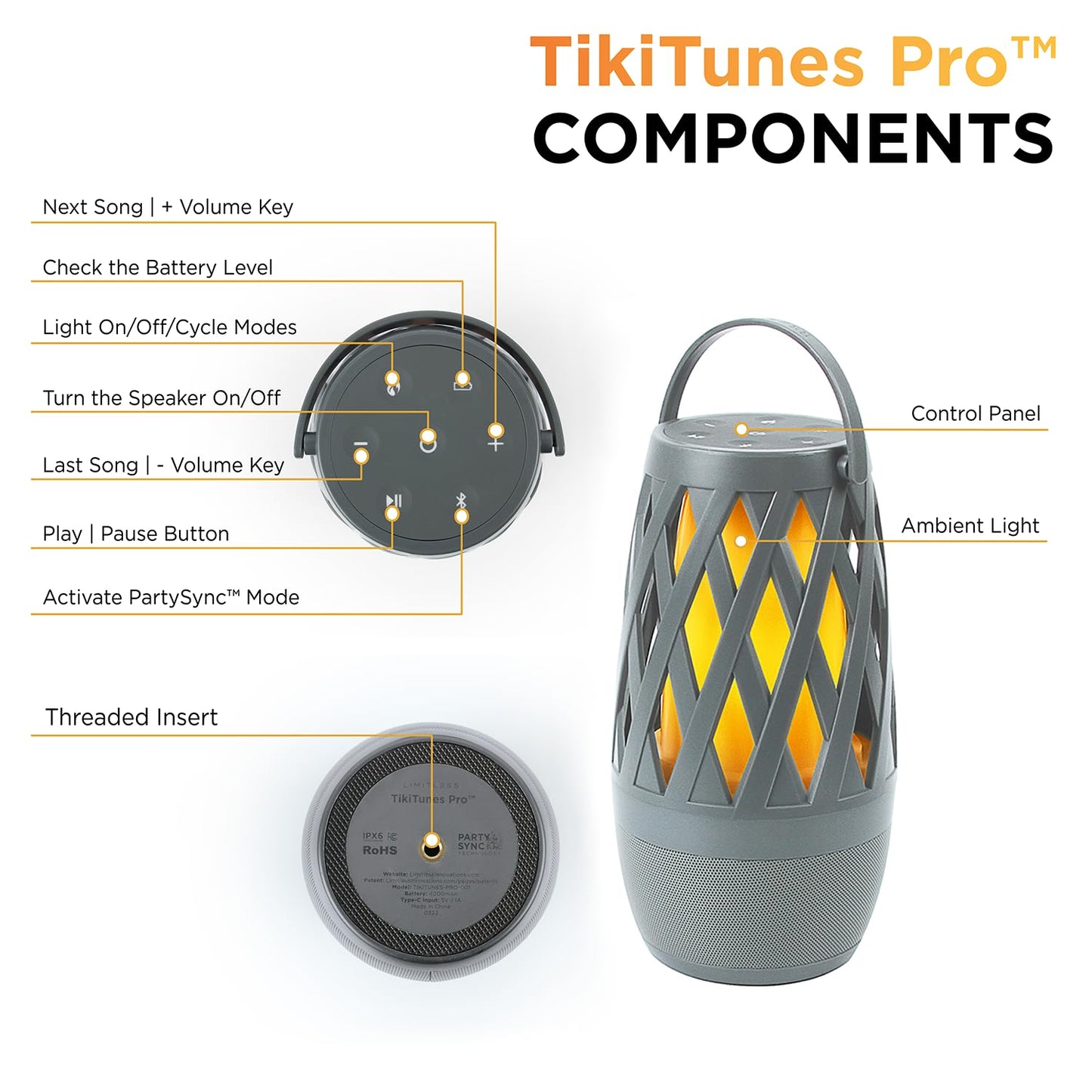 Limitless TikiTunes Pro Portable Bluetooth 10-Watt Speaker with 3-Mode LED Flame Light, Pair up to 100 Speakers, 4000 mAh Battery for iPhone/iPad/Android (Graphite)