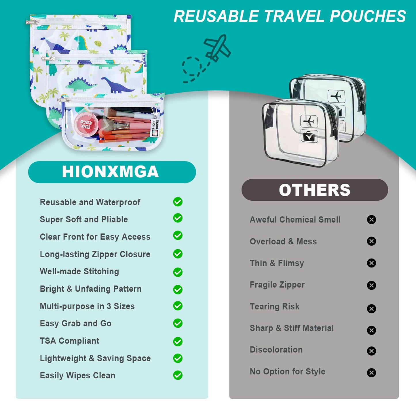 HIONXMGA TSA Approved Toiletry Bag, Set of 3 Clear Travel Toiletry Bag Quart Size Zipper Travel Pouch, Waterproof Makeup Cosmetic Bag for Women Men Kids Toiletries Carry on, Dinosaur White