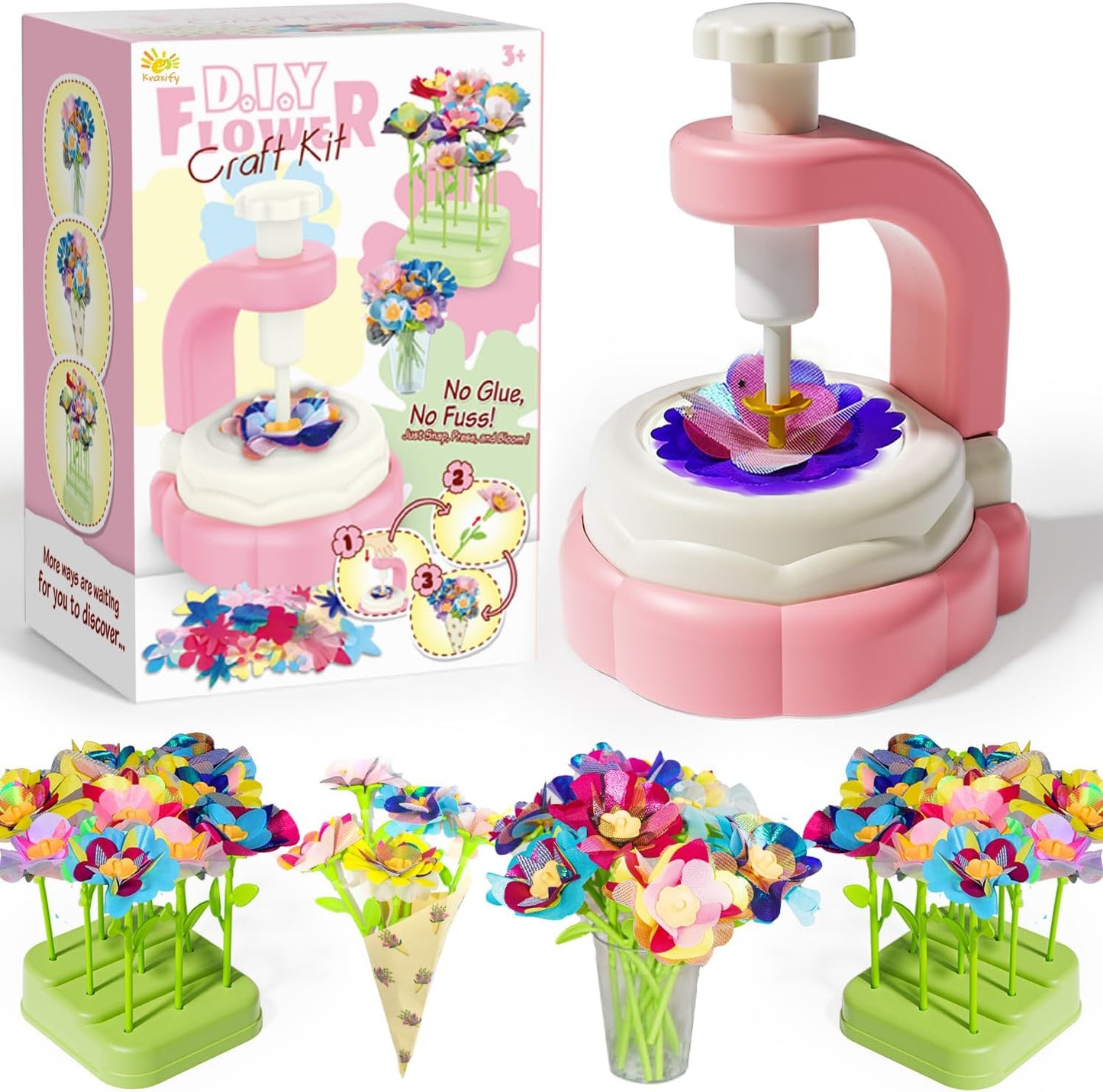 Kraxify DIY Flowers Bouquet Craft Kits for Kids Ages 4-8, No Glue Easy Fabric Flower Making Kit, Art & Craft Supplies Toys for Girl 4 5 6 7 Years Old, Birthday Gifts for 4 5 6 7 Year Old Girl