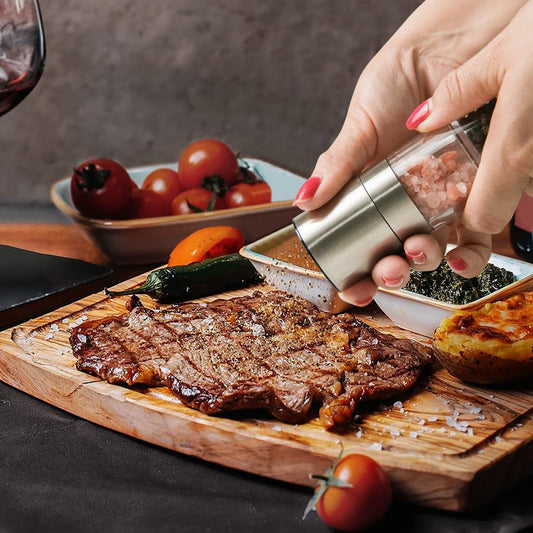 2 in 1 Salt and Pepper Grinder Stainless Steel Pepper Mill Grinder Refillable Adjustable Coarseness Mills for Sea Salt, Small Peppercorn, Black Pepper