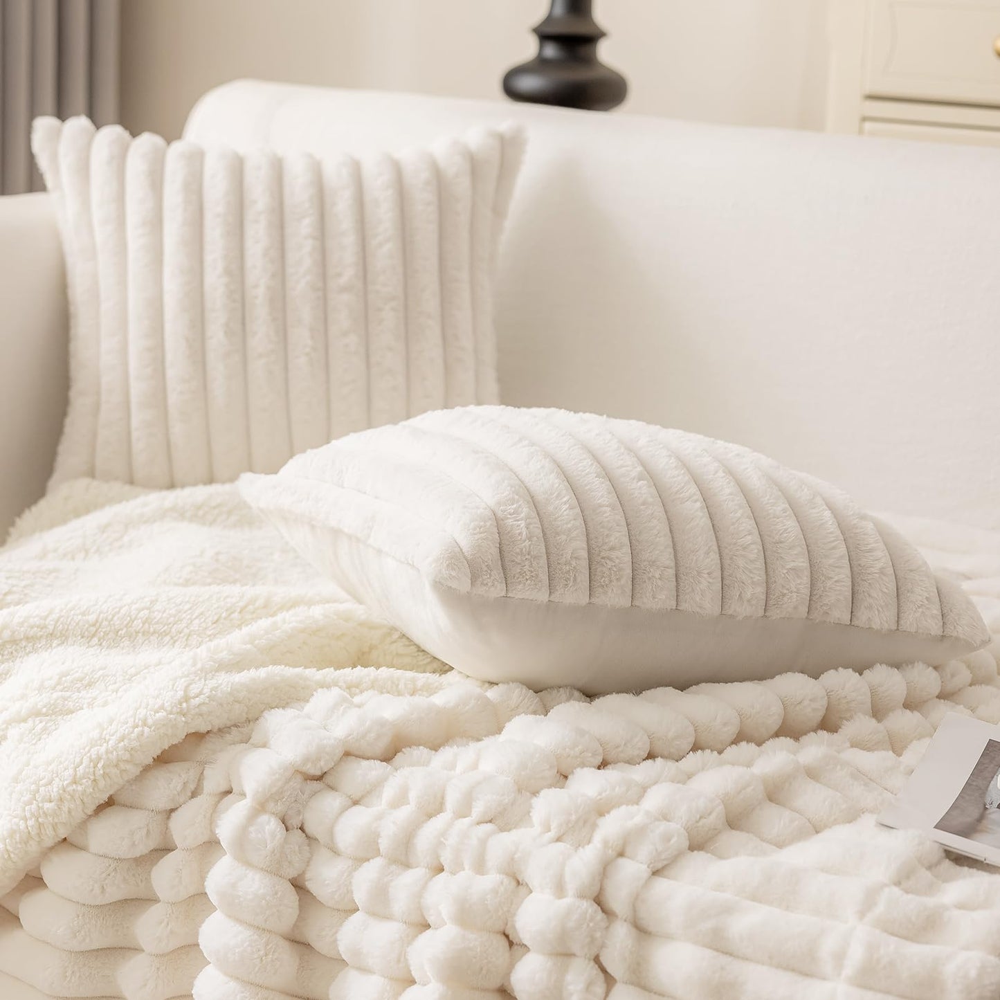 MOSAYT Faux Fur Throw Pillow Covers 18x18, Set of 2, Plush Velvet Soft Pillow Case,Fluffy Striped Decorative Couch Pillow Covers for Sofa, Bedroom, Living Room(White)