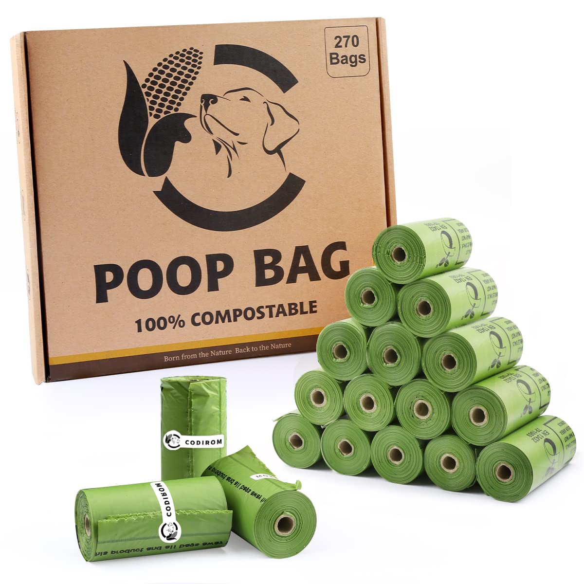 Certified Compostable Dog Poop Bags, 270 Count Landfill Friendly and Leakproof Waste Bags, Easy Open Unscented Forest Green Poop Bag for Dog, 15 Doggy Bags Per Roll (18 rolls)