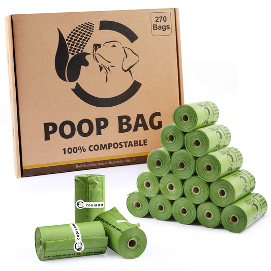 Certified Compostable Dog Poop Bags, 270 Count Landfill Friendly and Leakproof Waste Bags, Easy Open Unscented Forest Green Poop Bag for Dog, 15 Doggy Bags Per Roll (18 rolls)