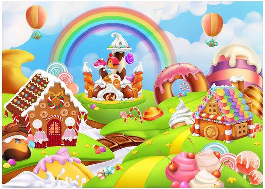 Ladvis 82.7"x59" Candyland Backdrop Gingerbread Party Banner Decorations Candy Land Background, Kids Baby Shower Birthday Decorations Photography Photo Booth Props Sweet Supplies