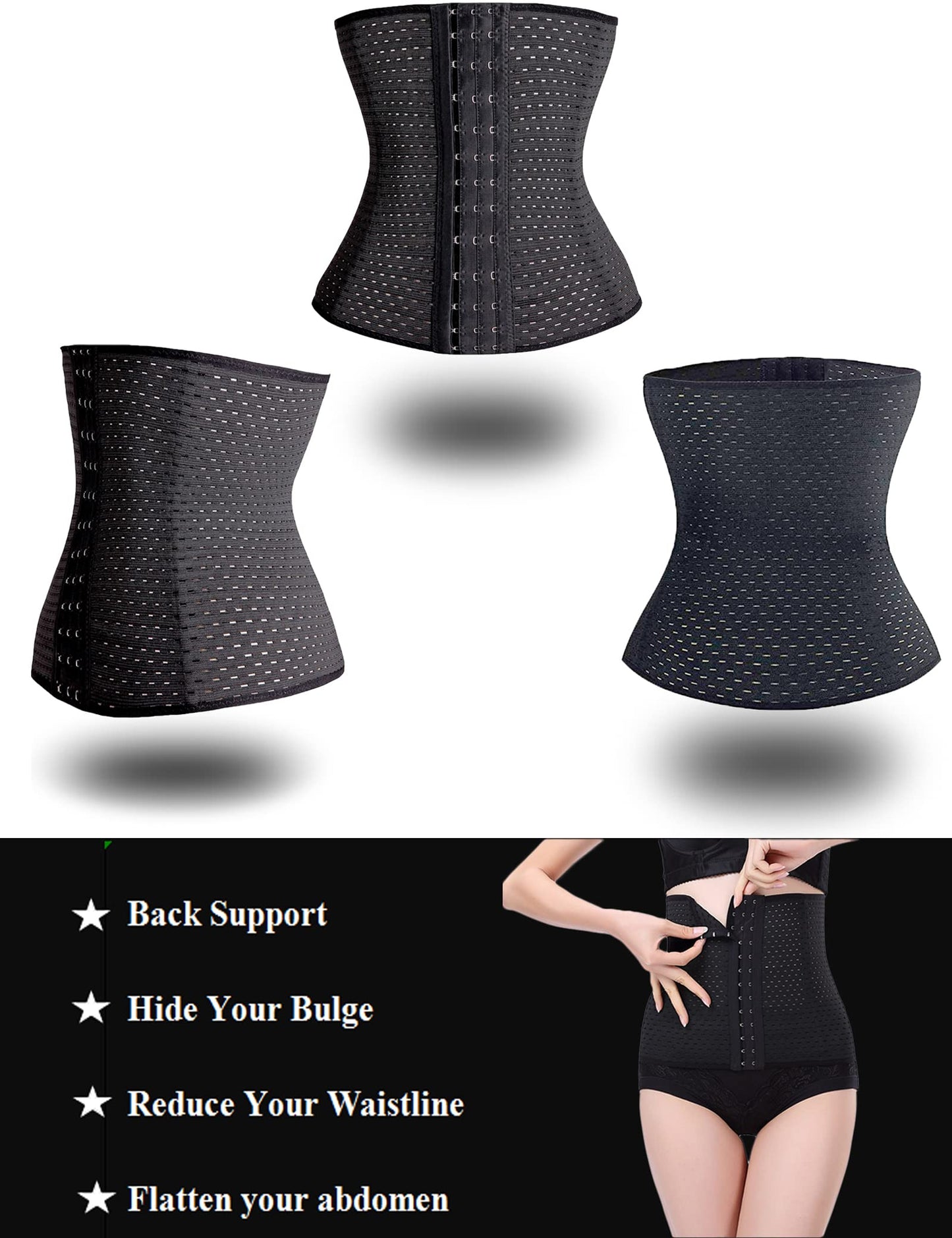 Youloveit Women's Waist Trainer Corset for Everyday Wear Steel Boned Tummy Control Body Shaper with Adjustable Hooks(Black,S)