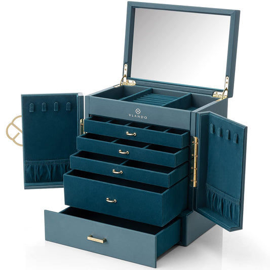 Vlando Large Jewelry Box, 6 Tier Jewelry Boxes & Organizers, Mirror Jewelry Storage Case with 5 Drawers,Faux Leather Watch Earrings Necklace Rings Bracelets Box, Gifts for Women Green