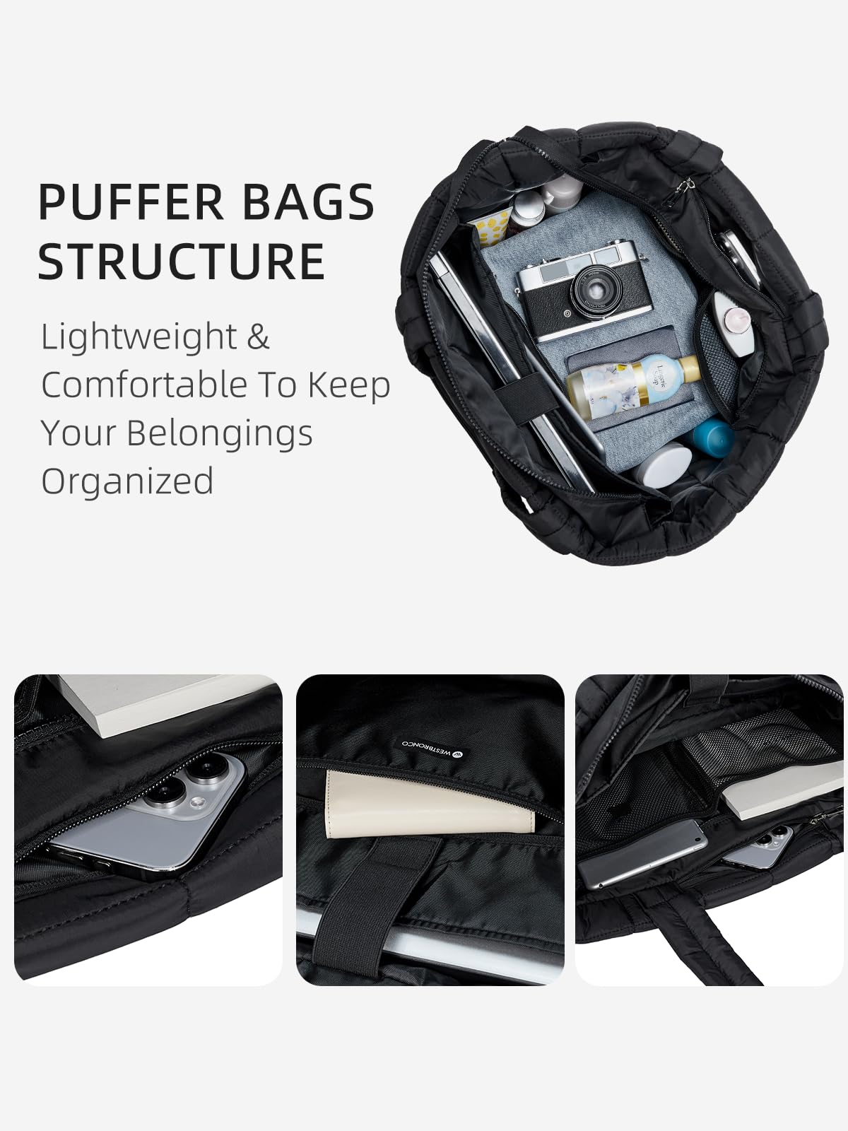 WESTBRONCO Small Puffer Crossbody Bags for Women, Puffy Quilted Purse Nylon Shoulder Handbag with Adjustable Strap