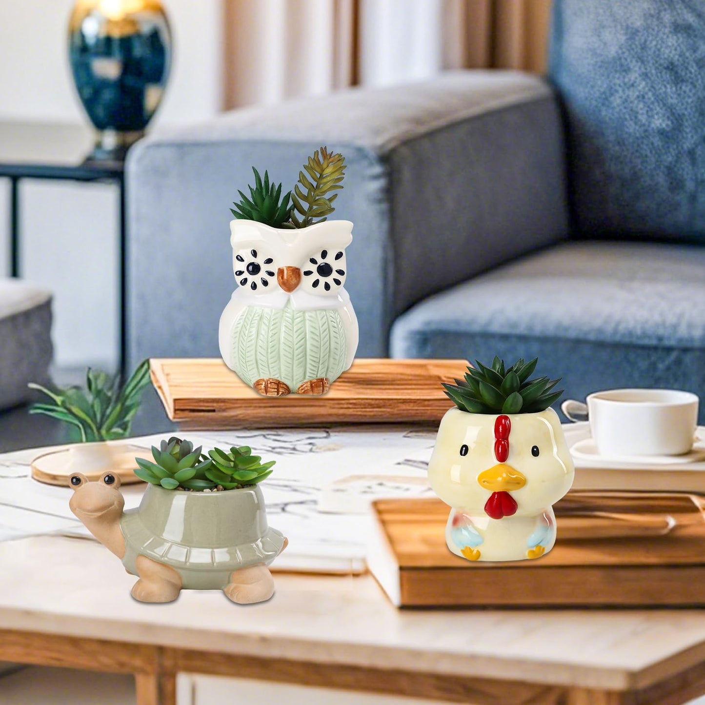 VCUTEKA Artificial Plant Mini Fake Plants Small Succulents Plants in Cute Animal Ceramic Pots for Home Bathroom Bedroom Office Desk Decorations Shelves Indoor Table Decor 3 Pack Turtle Chicken Owl
