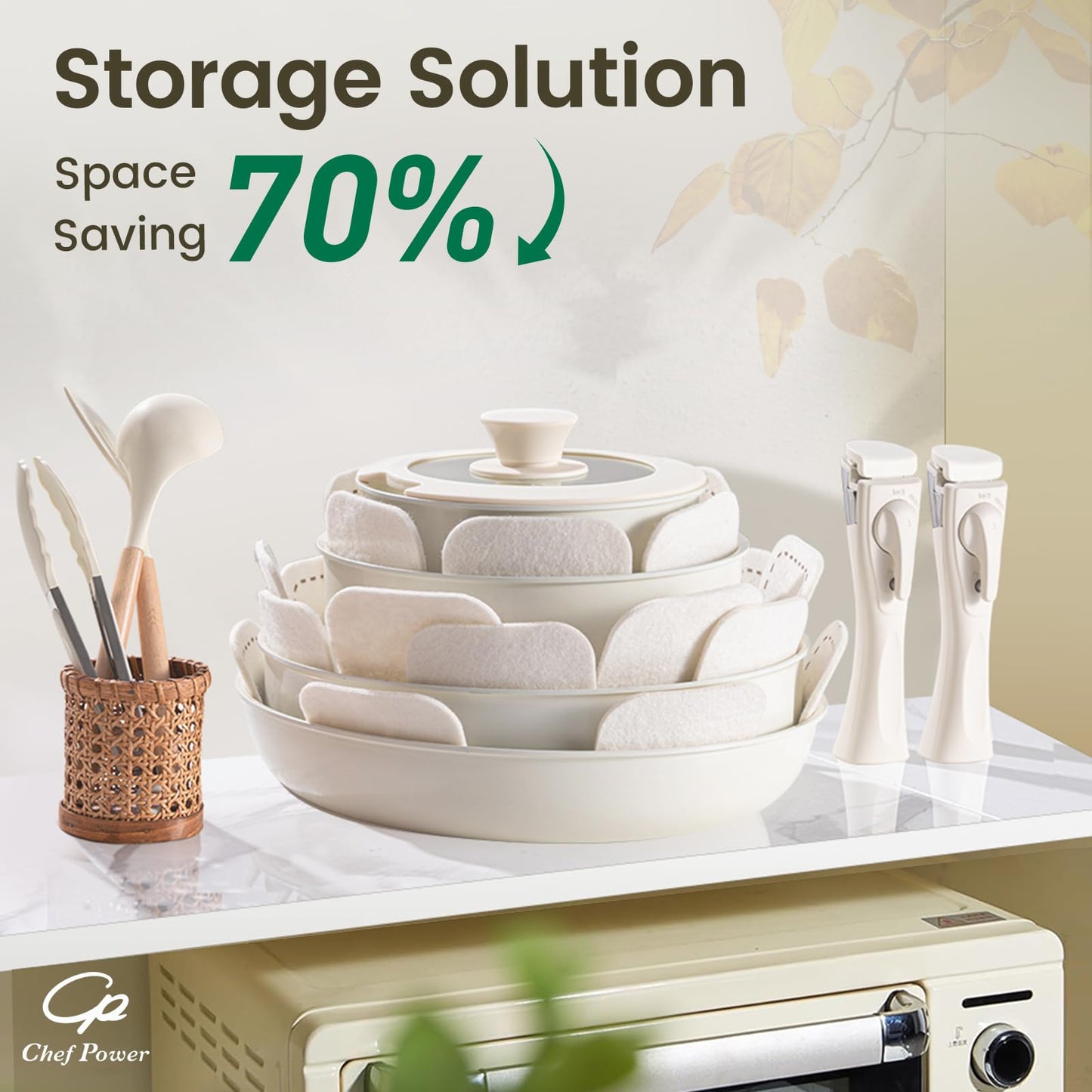 Chef Power Ceramic Nonstick Pots and Pans Set 19 Piece with Detachable Handle, Induction Dishwasher Oven Safe Cookware Set, RV Kitchen Set Removable Handle, Granite Grey and White