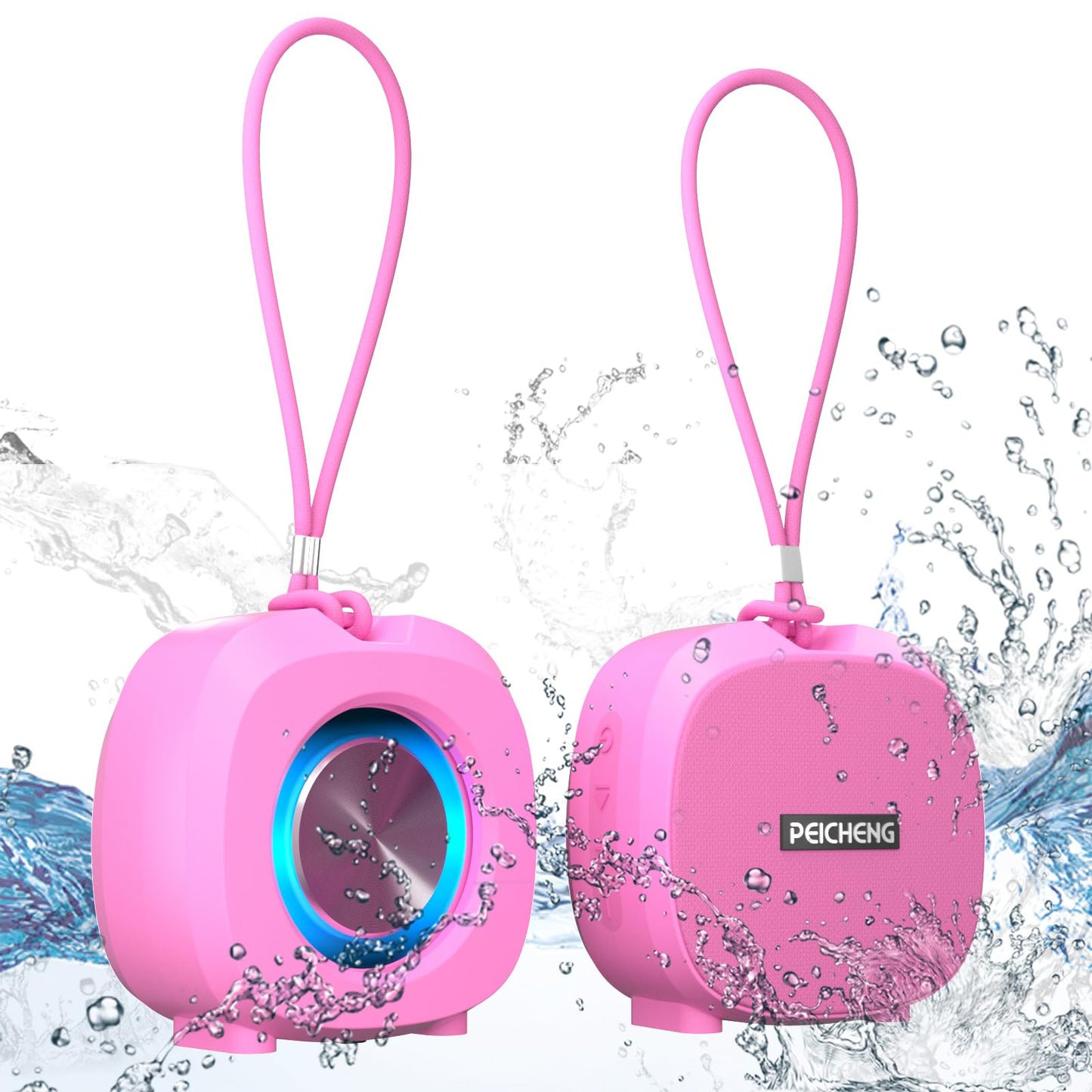 PEICHENG Speaker, Small Portable Bluetooth Wireless IPX5 Waterproof Shower Speaker,Loud Stereo Sound Deep Bass,TWS Paire, RGB Lights,Long Playtime for Outdoor Party, Great Gift,1PC(Pink)