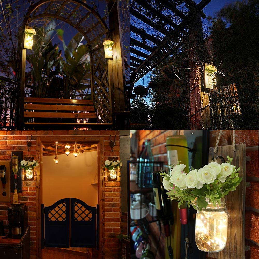 AerWo 2Pcs Mason Jar Sconces Wall Decor, Handmade Rustic Sunflower Wall Decor with LED Fairy Lights and Flowers, Hanging Mason Jar for Farmhouse Kitchen Decorations Living Room Lights