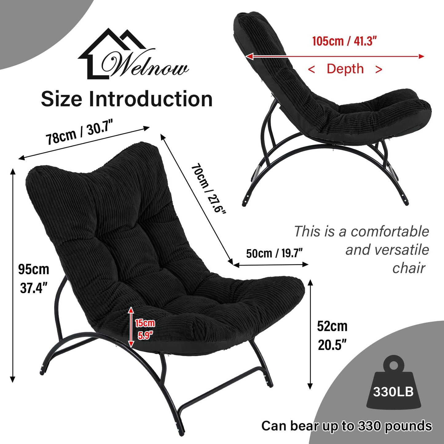 Welnow Accent Lounge Lazy Chair, Comfy Soft Leisure Metal Frame Reading Chair, Upholstered Thick Cushion Seated Recliner Sofa for Living Room, Bedroom, Dorm, Black