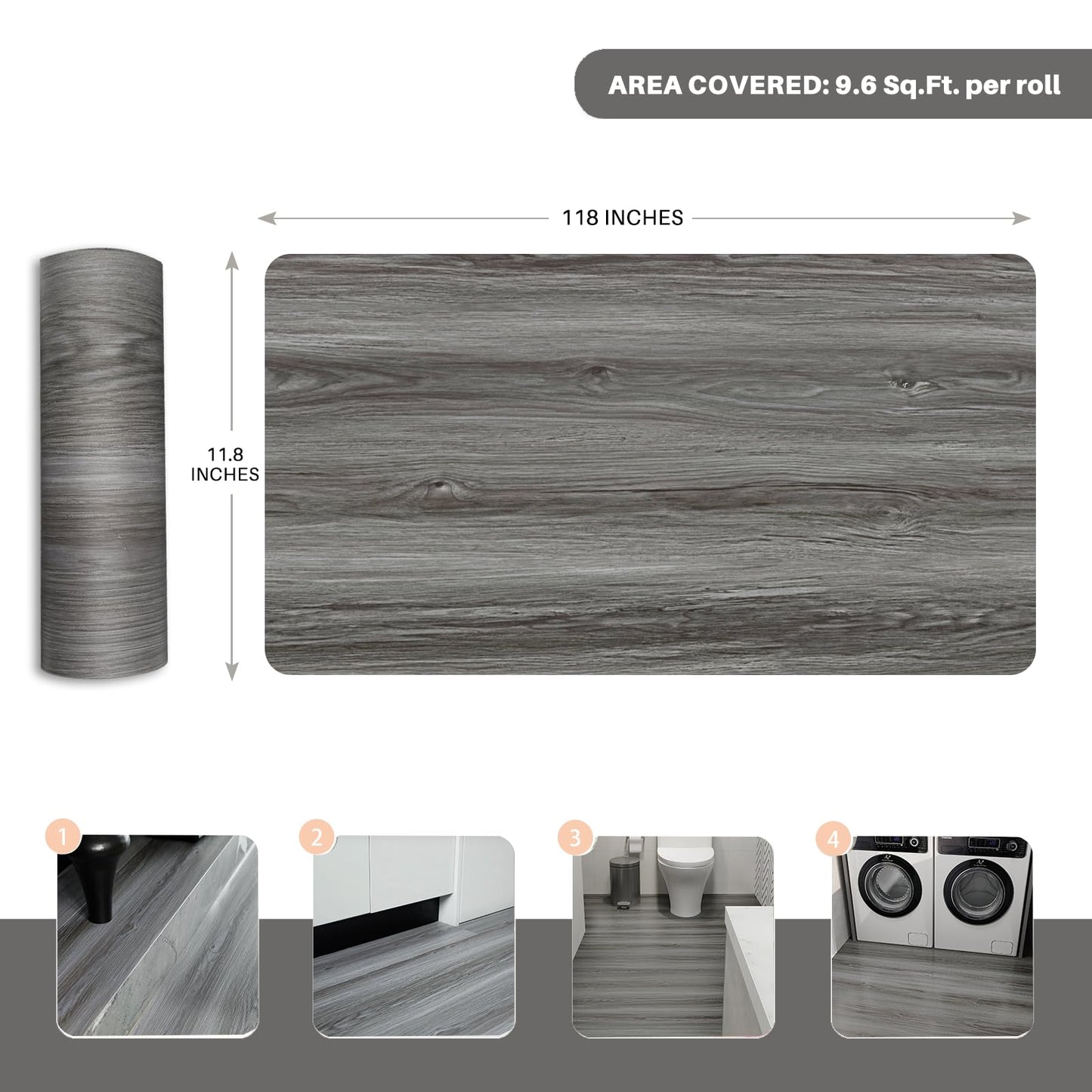 auxua Wood Grain Peel and Stick Floor Tiles – 11.8” Width, Full Roll Length of 118" – Versatile Design for Any Space, Grey Self Adhesive Vinyl Flooring, Waterproof and Non-Slip Features