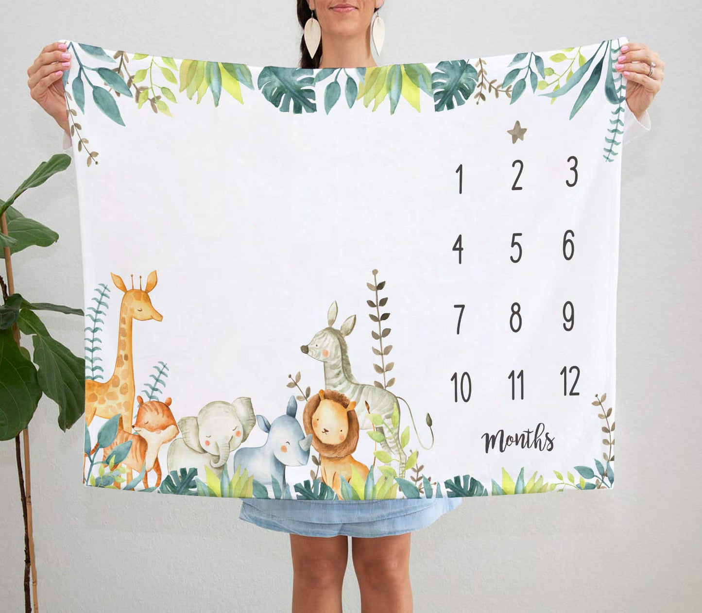 Popfavors, Yuzioey Safari Baby Monthly Milestone Blanket - Jungle Animals Growth Chart for Nursery Decor - White, 50Inx40In - Includes Marker