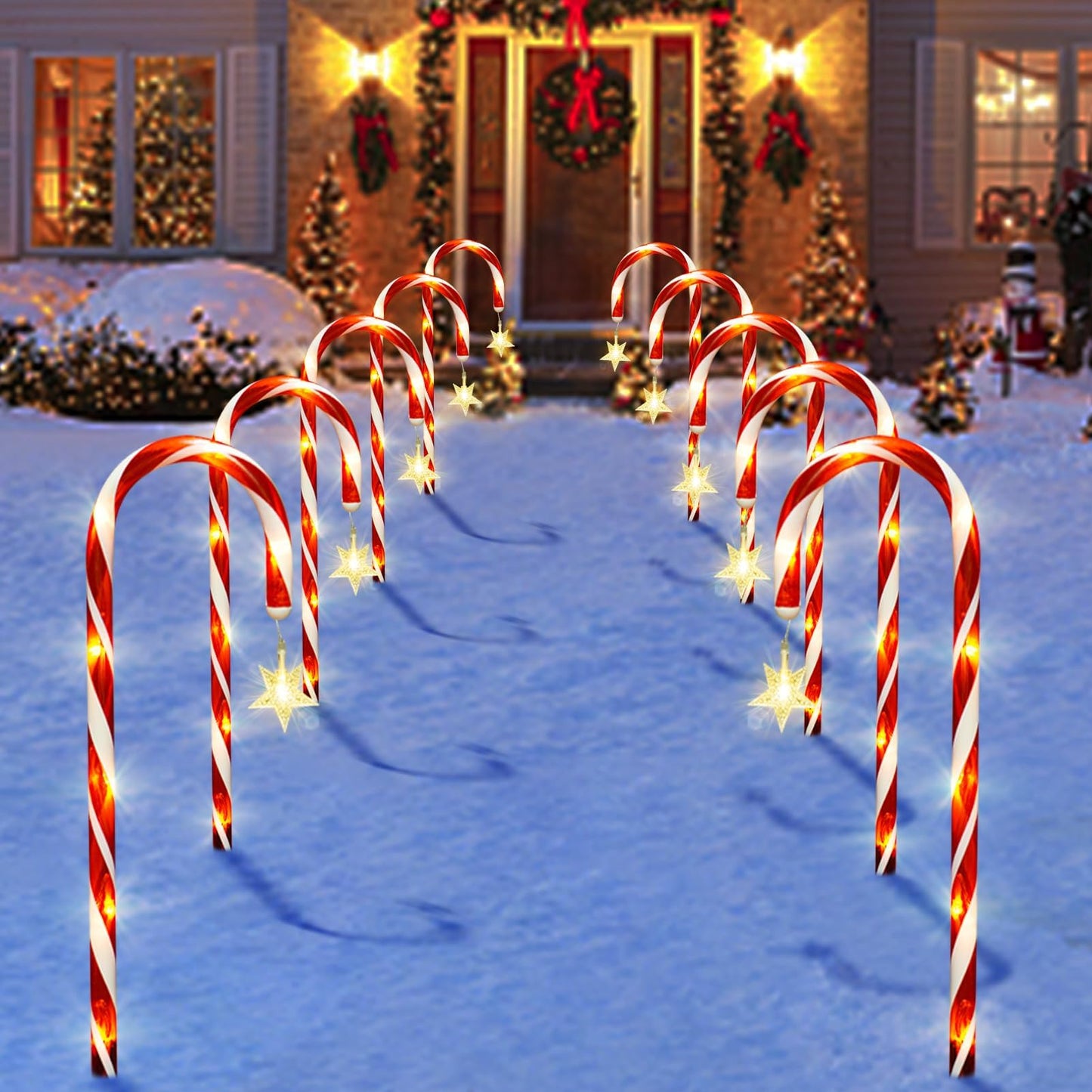 Outdoor Christmas Decorations, 10 Pcs Christmas Candy Cane Lights with Hanging Star, 21'' Solar Pathway Lights with 8 Modes, Waterproof Garden Lights for Outdoor Xmas Patio Yard Walkway Decorations