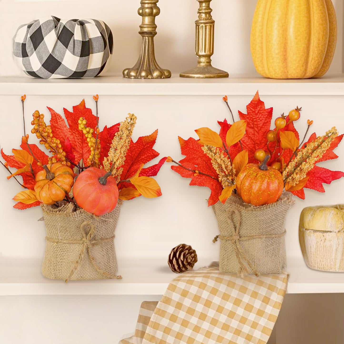 [ 2 Styles ] 2 Pack Fall Decor 10 Inch Tabletop Fall Tree, Maple Tree with Pumpkins Maple Leafed Berried Wheat Burlap Base Thanksgiving Fall Decorations for Home Table Centerpieces Halloween Decor