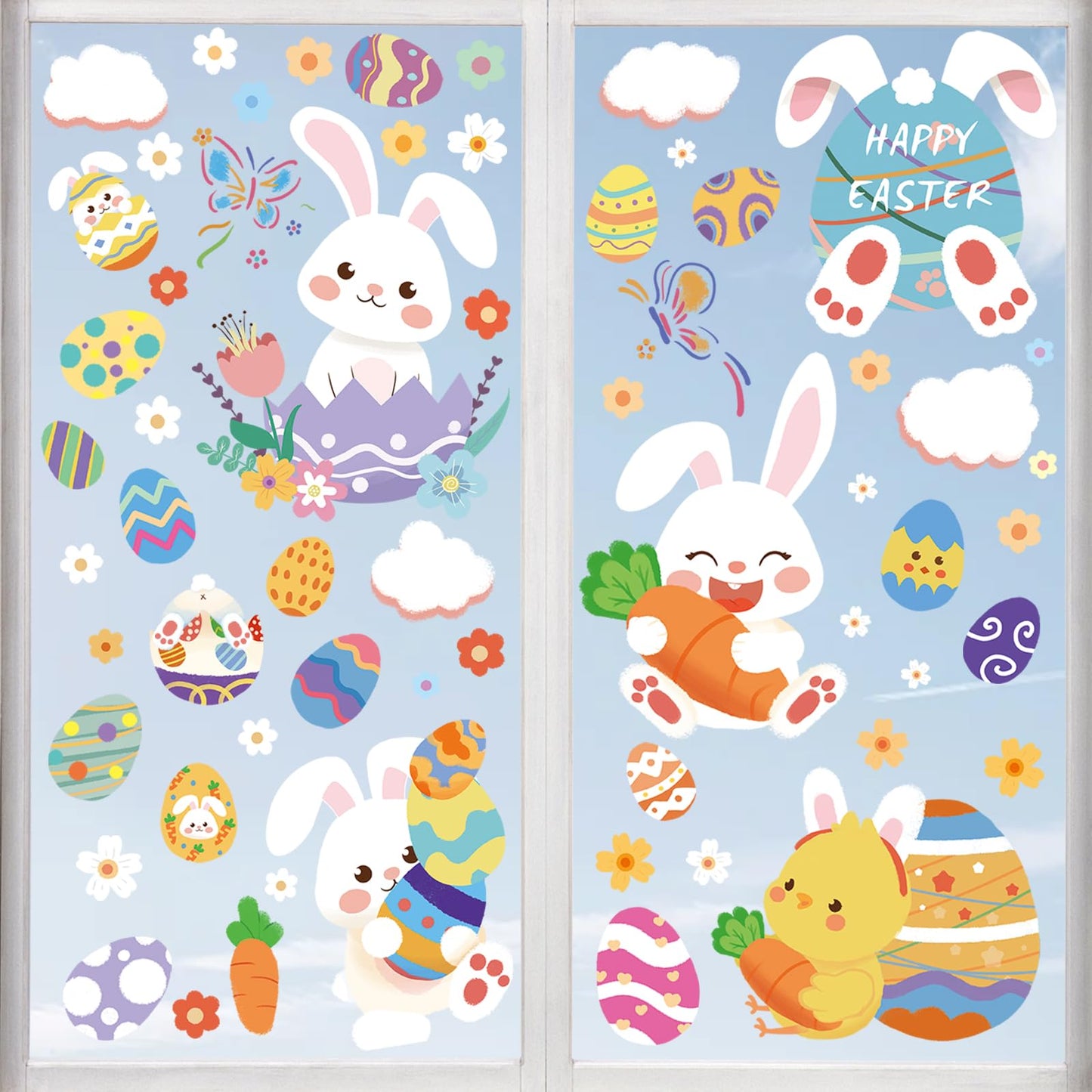Easter Decorations Window Clings - 9 Sheets of Easter Window Stickers for Glass Windows - Spring Window Clings for Easter Decor - Perfect Easter Gifts (Cute Bunny)