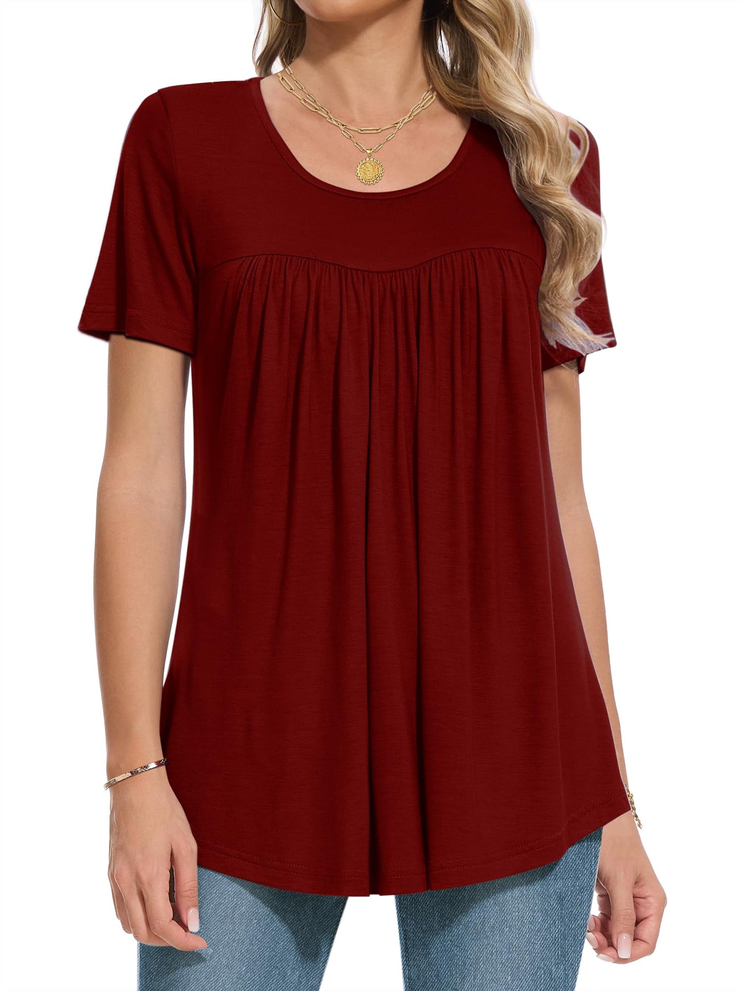 MUSE SHOW Women's 2025 Summer Tops Short Sleeve Tunic Shirts Casual Comfy Blouse Wine Red M